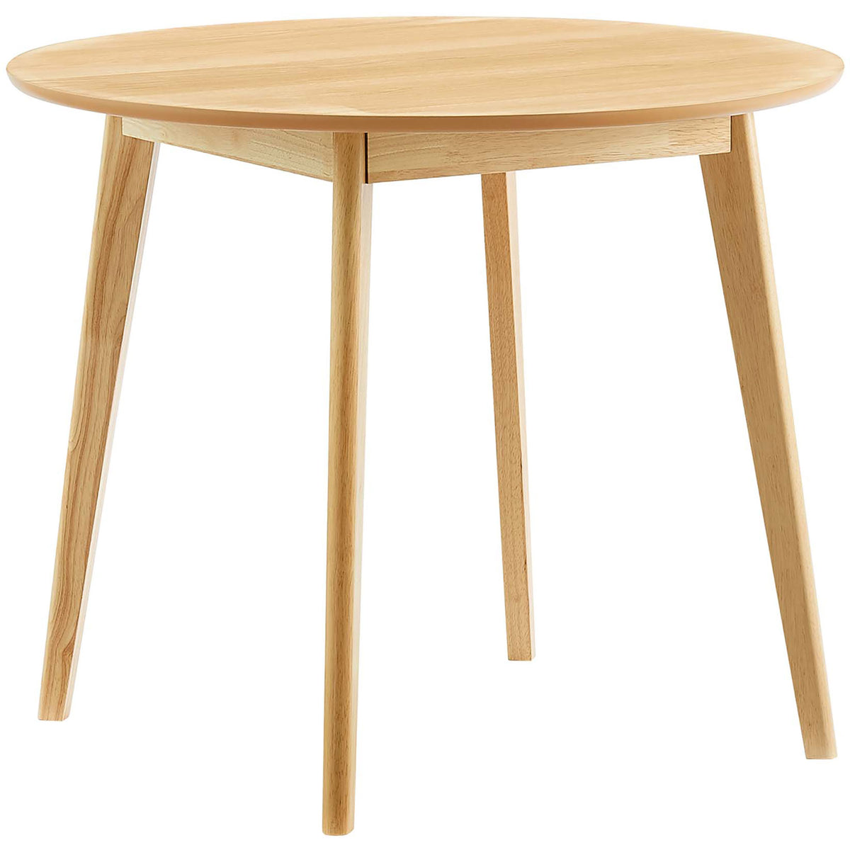Round oak dining table with slim tapered legs and smooth wood grain finish for modern small spaces || EEI-3749-OAK || front_angle_studio