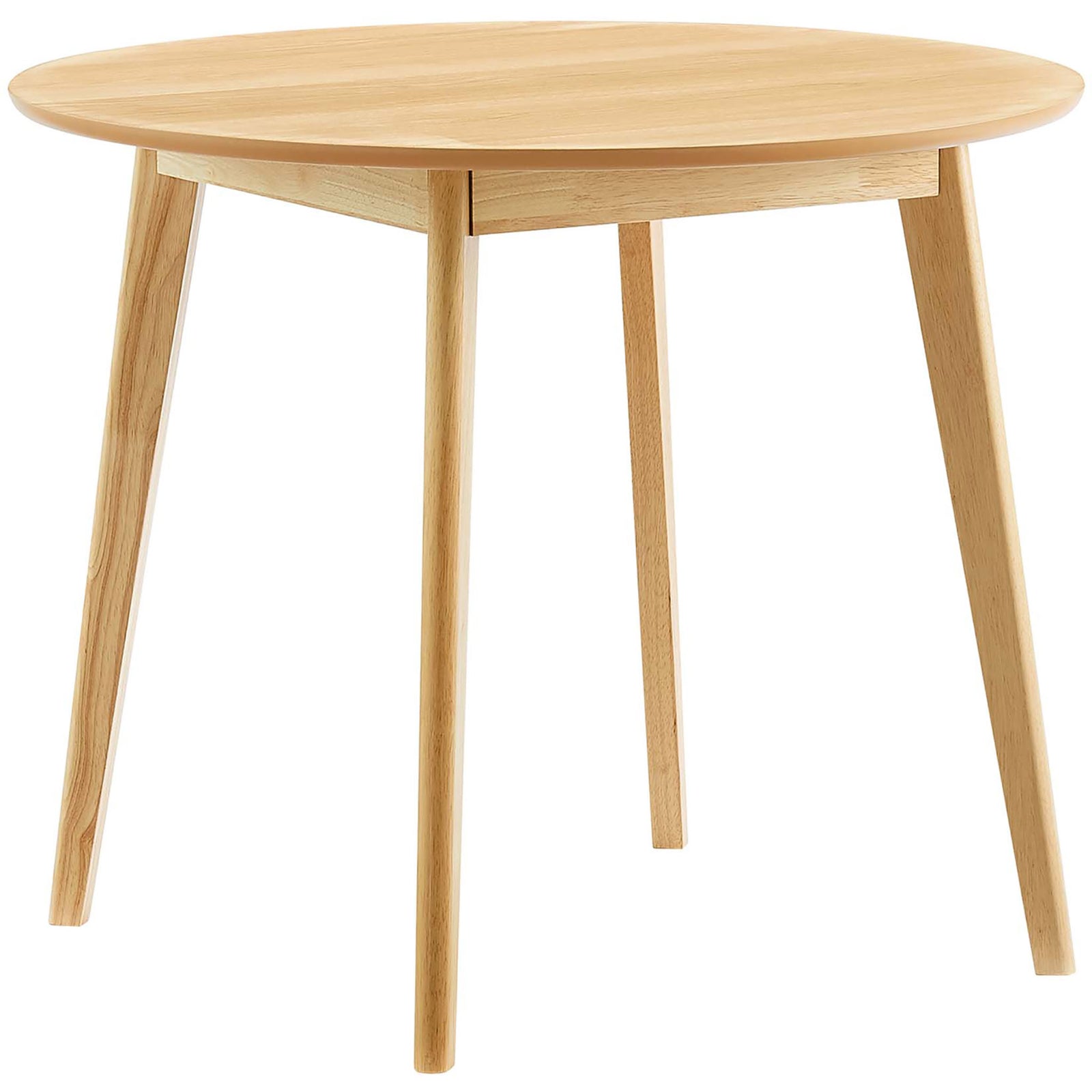 Round oak dining table with slim tapered legs and smooth wood grain finish for modern small spaces || EEI-3749-OAK || front_angle_studio