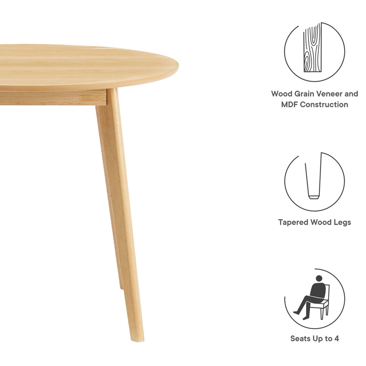 Oak dining table highlighting wood grain veneer, tapered legs, and seating for up to four diners || EEI-3749-OAK || callout_studio