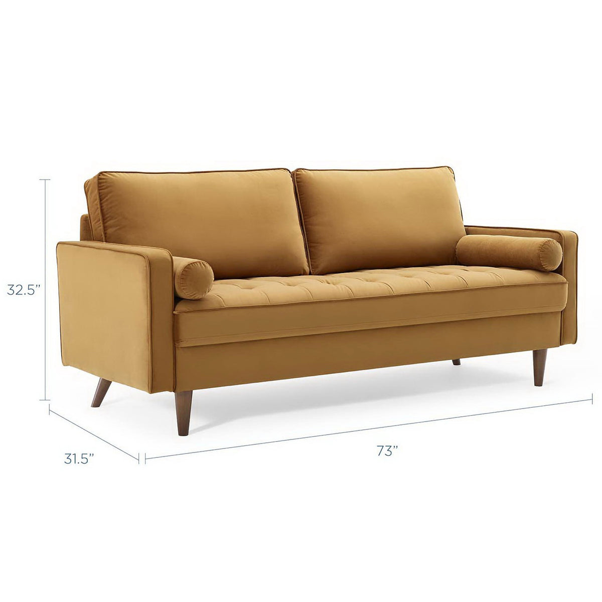 Valour cognac performance velvet sofa shown with overall width, depth, and height measurements || EEI-3764-COG || dimension_studio