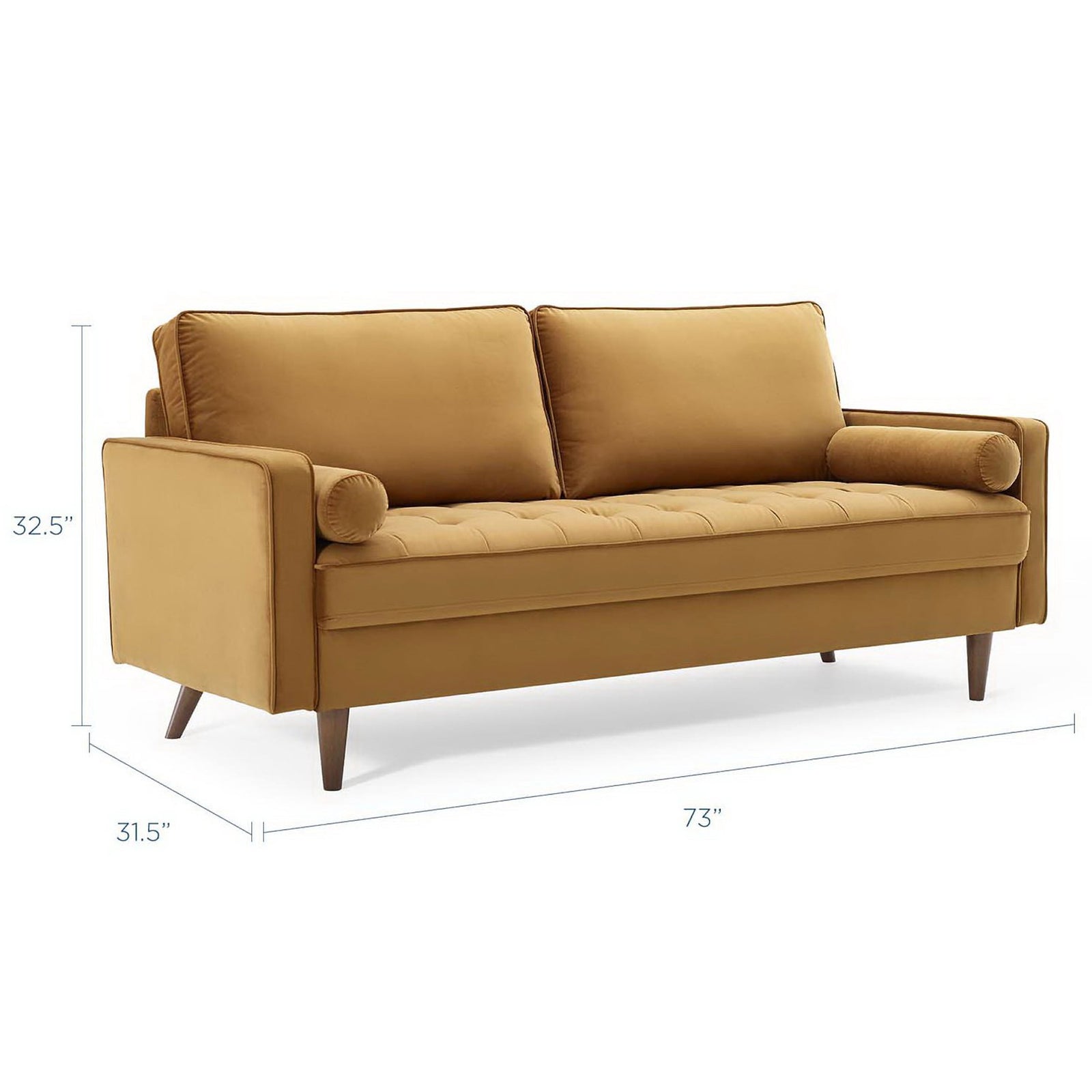 Valour cognac performance velvet sofa shown with overall width, depth, and height measurements || EEI-3764-COG || dimension_studio