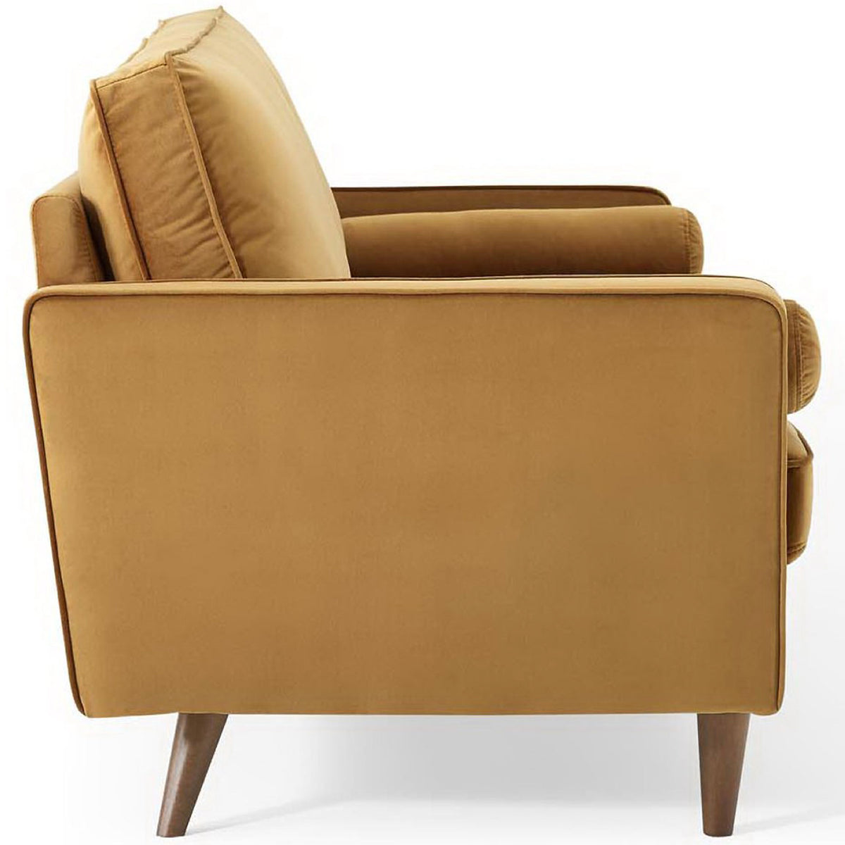 Slim track arms and tapered legs define the clean-lined side silhouette of the cognac Valour sofa || EEI-3764-COG || side_studio