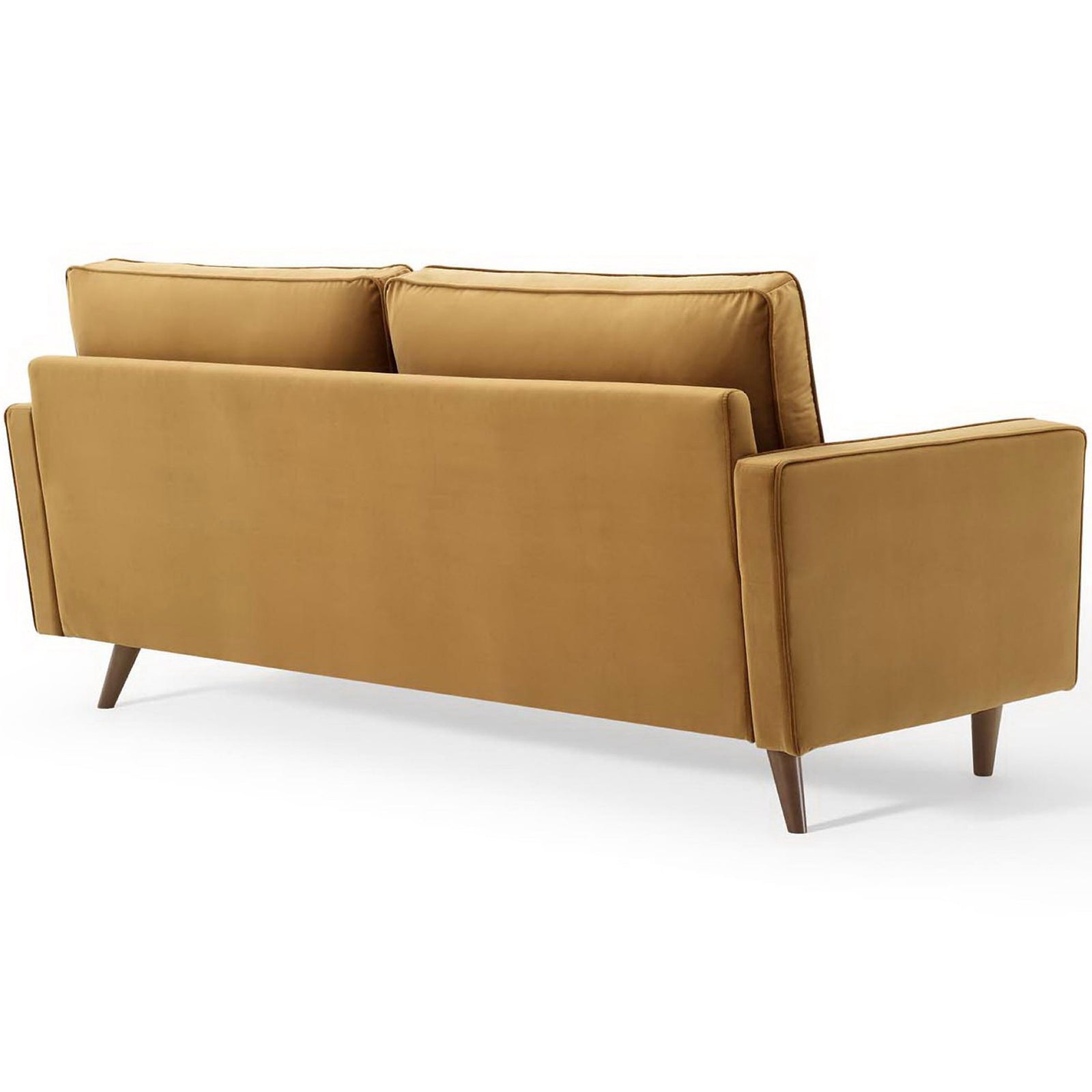 Clean upholstered back and tailored lines of the cognac Valour velvet sofa with mid-century legs || EEI-3764-COG || back_studio