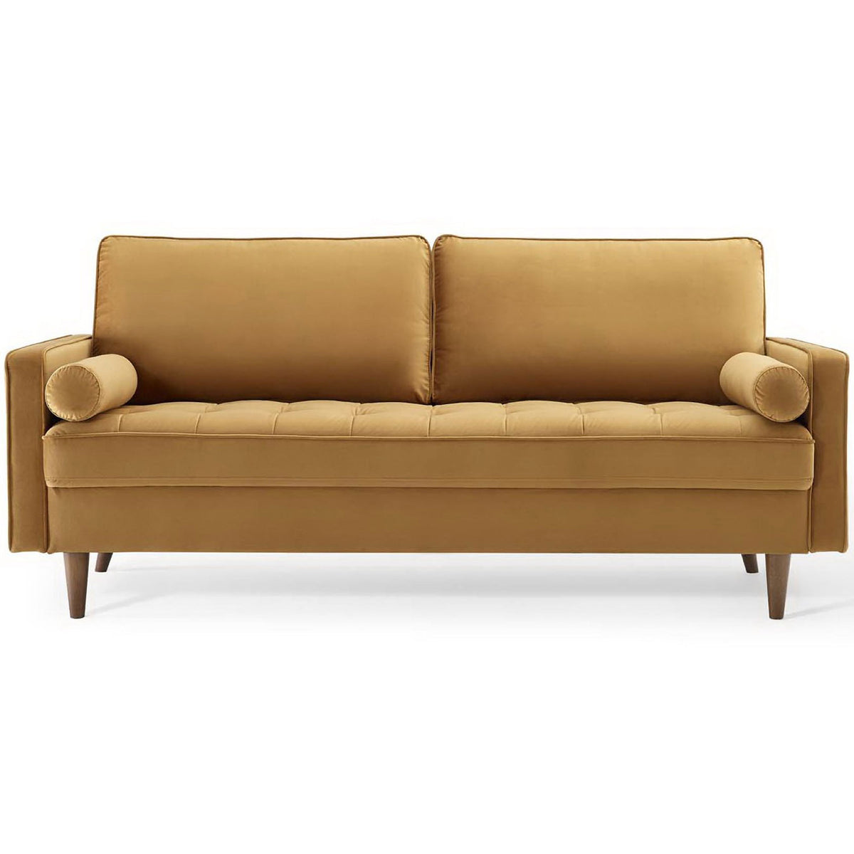 Cognac Valour velvet sofa with plush back cushions, biscuit-tufted seat, and matching bolster pillows || EEI-3764-COG || front_studio