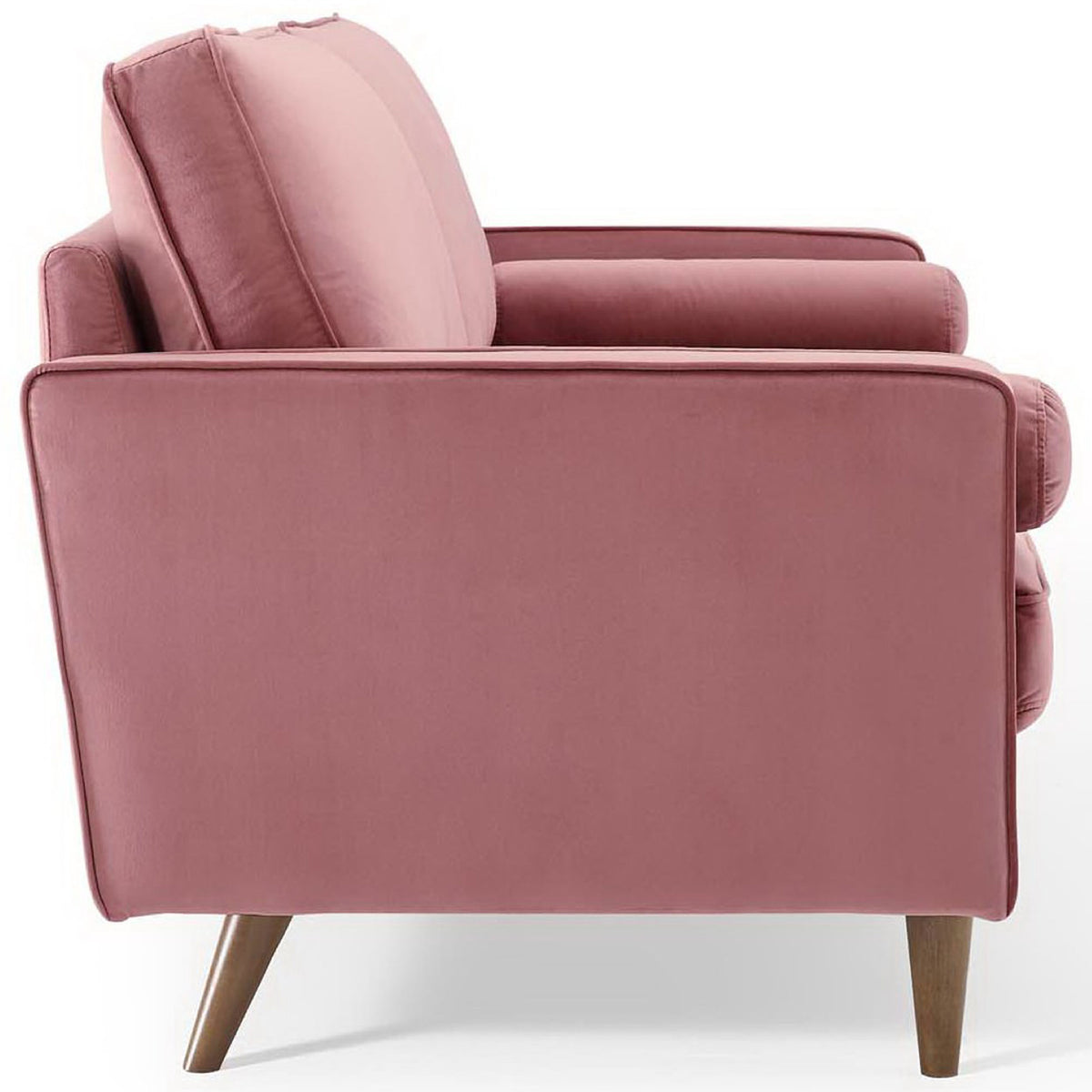 Slim-profile dusty rose velvet sofa with narrow track arms and mid-century tapered wood legs along the full length || EEI-3764-DUS || side_studio