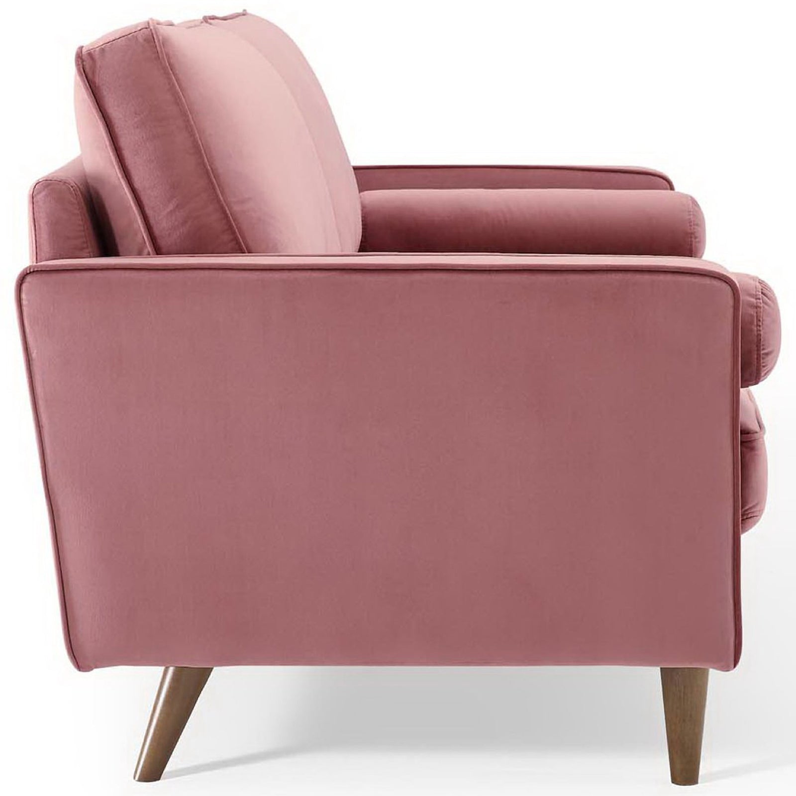 Slim-profile dusty rose velvet sofa with narrow track arms and mid-century tapered wood legs along the full length || EEI-3764-DUS || side_studio