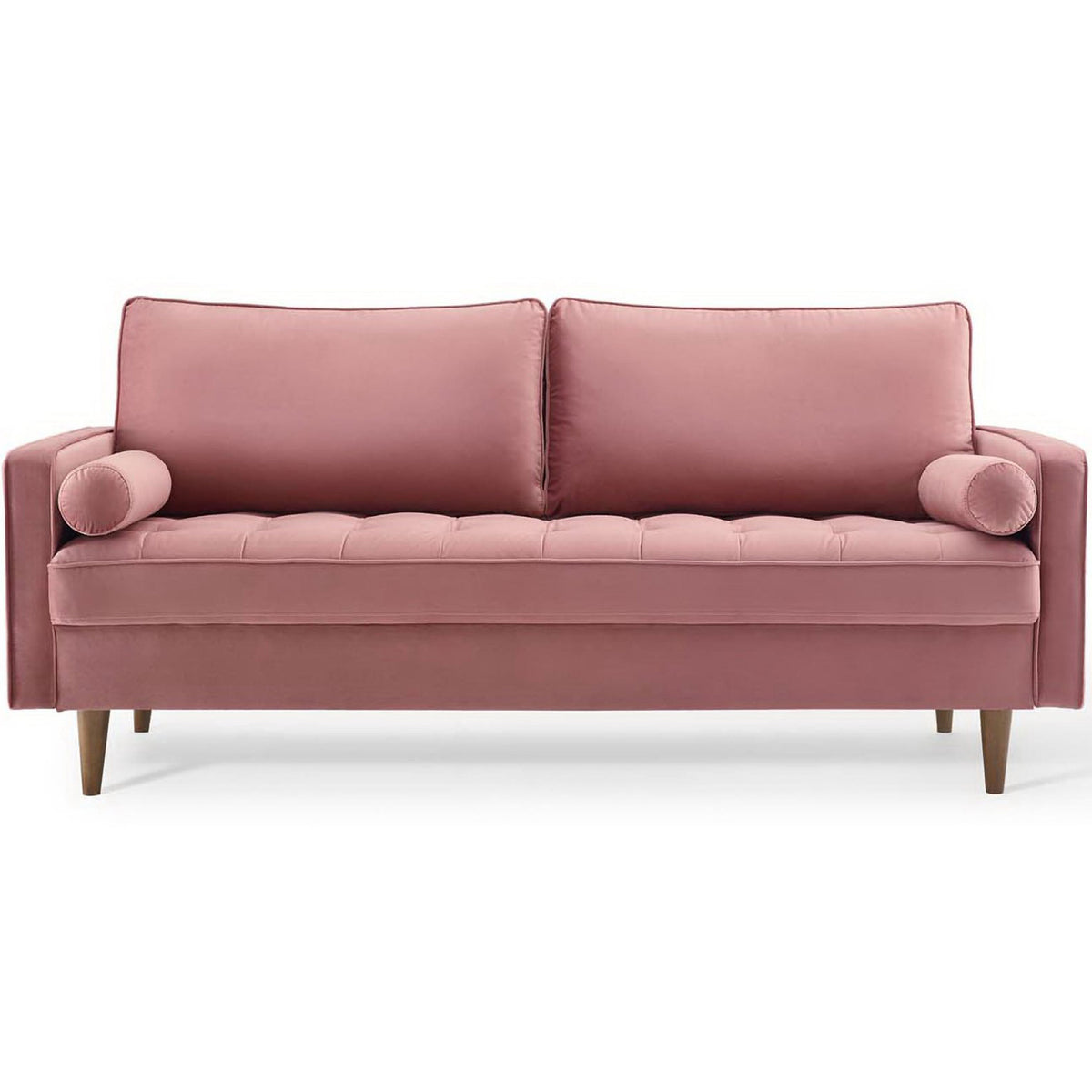 Dusty rose velvet sofa with biscuit tufted seat, loose back cushions, and matching bolster pillows || EEI-3764-DUS || front_studio