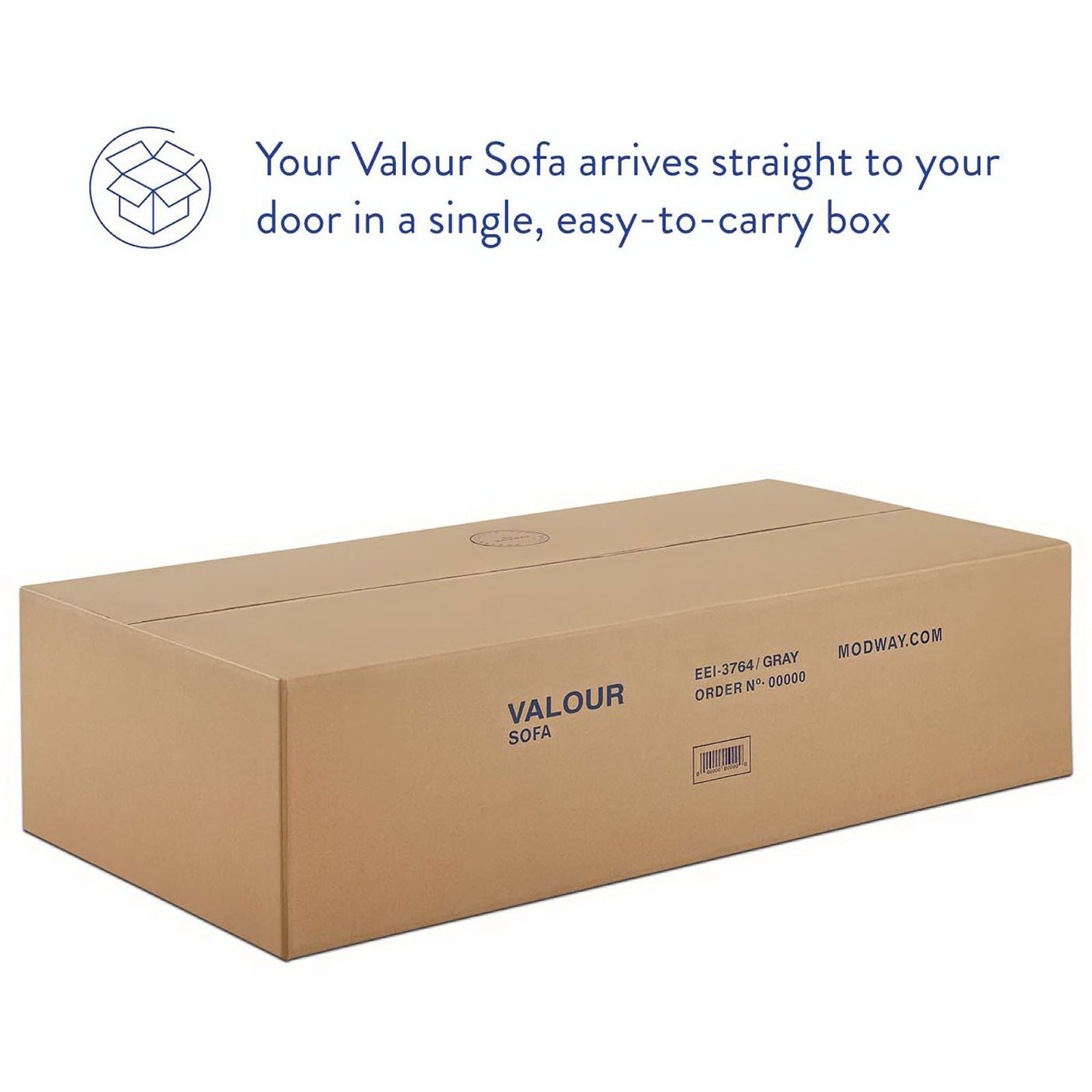 Valour sofa packaged in a single easy-to-carry shipping box for convenient delivery to your home || EEI-3764-DUS || package_studio