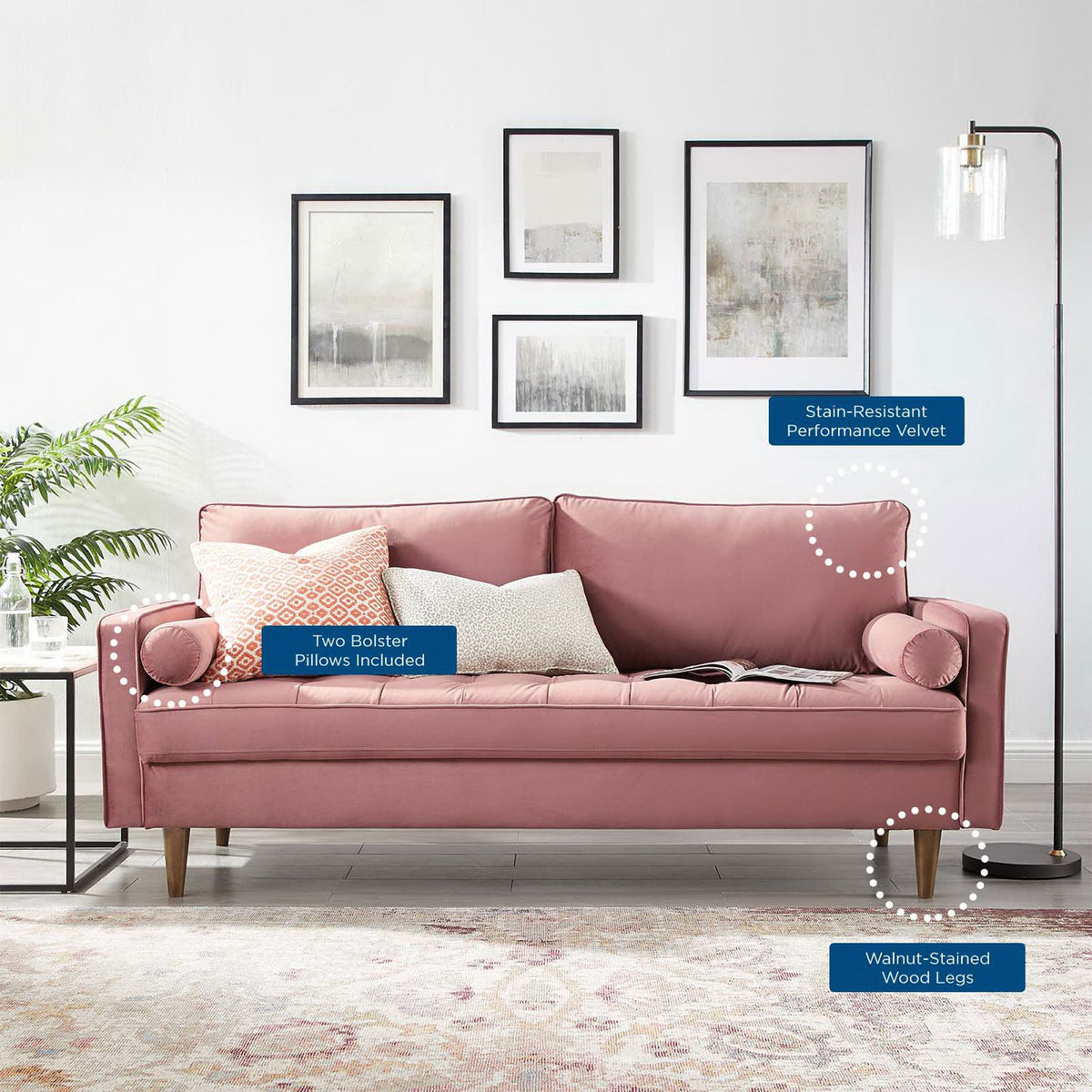 Dusty rose velvet sofa in a bright living room with labels for bolster pillows, stain-resistant fabric, and wood legs || EEI-3764-DUS || callout_room