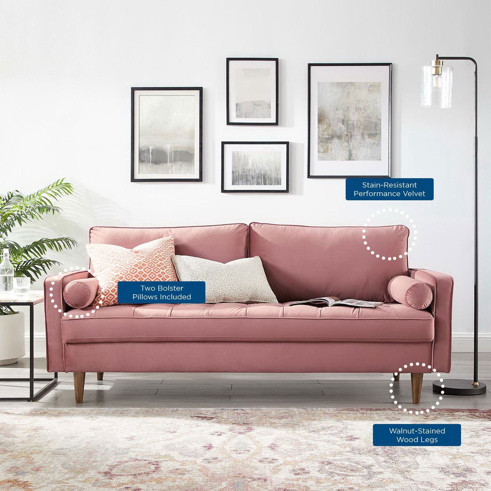 Dusty rose velvet sofa in a bright living room with labels for bolster pillows, stain-resistant fabric, and wood legs || EEI-3764-DUS || callout_room