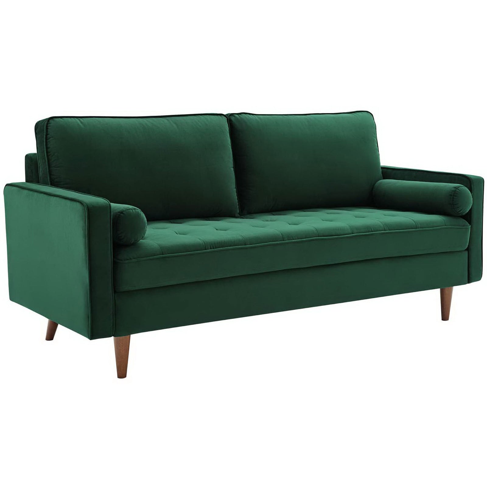 Deep green velvet sofa with clean lines and bolster pillows for a refined living room look || EEI-3764-GRN || front_angle_studio