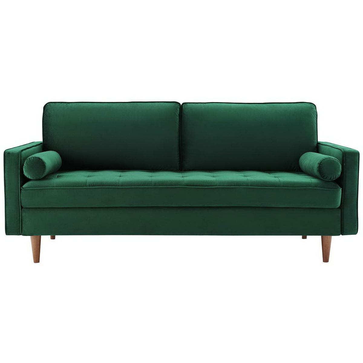 Green Valour performance velvet sofa with biscuit tufted seat and two matching bolster pillows || EEI-3764-GRN || front_studio
