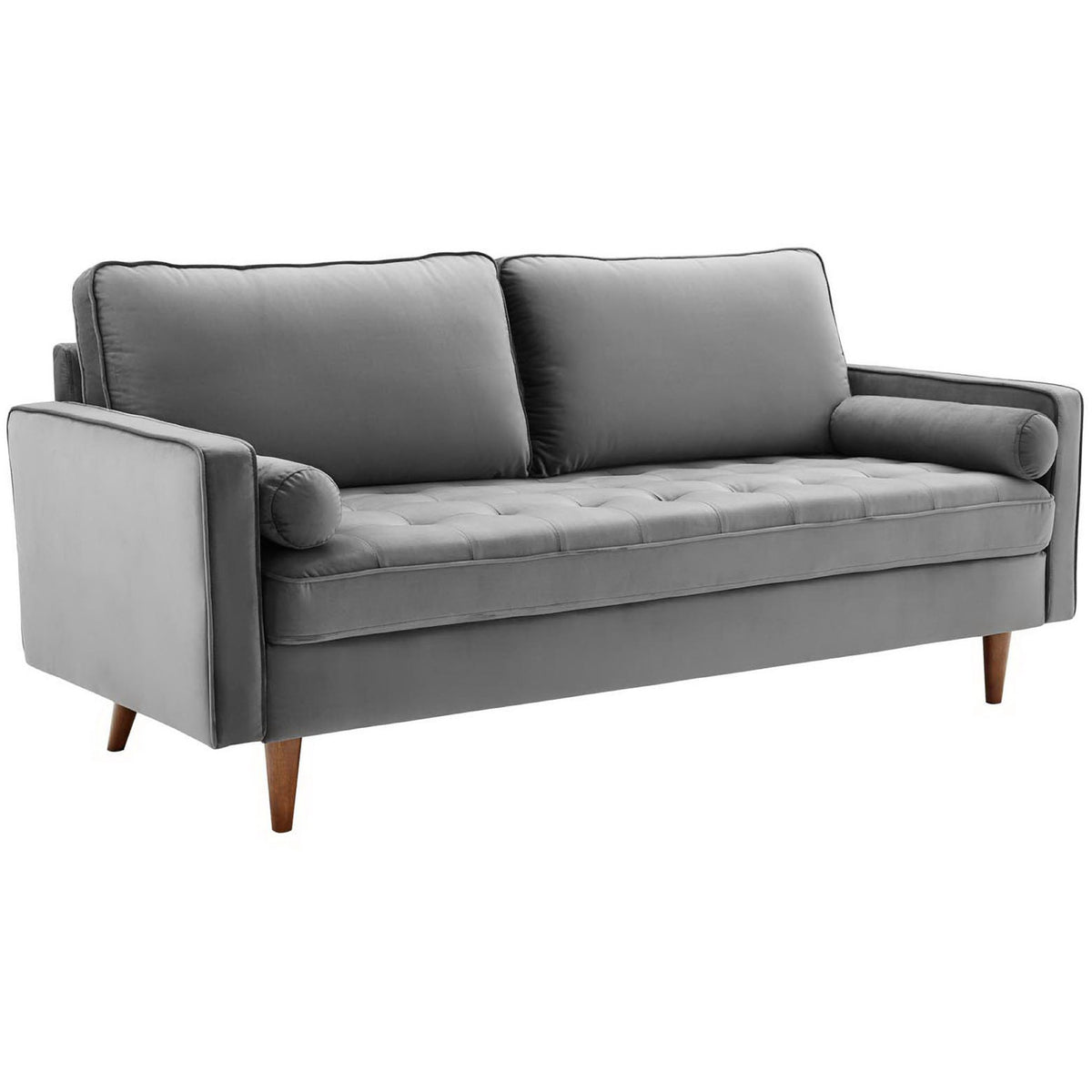 Gray performance velvet sofa with tufted seat, slim track arms, and warm walnut tapered legs || EEI-3764-GRY || front_angle_studio