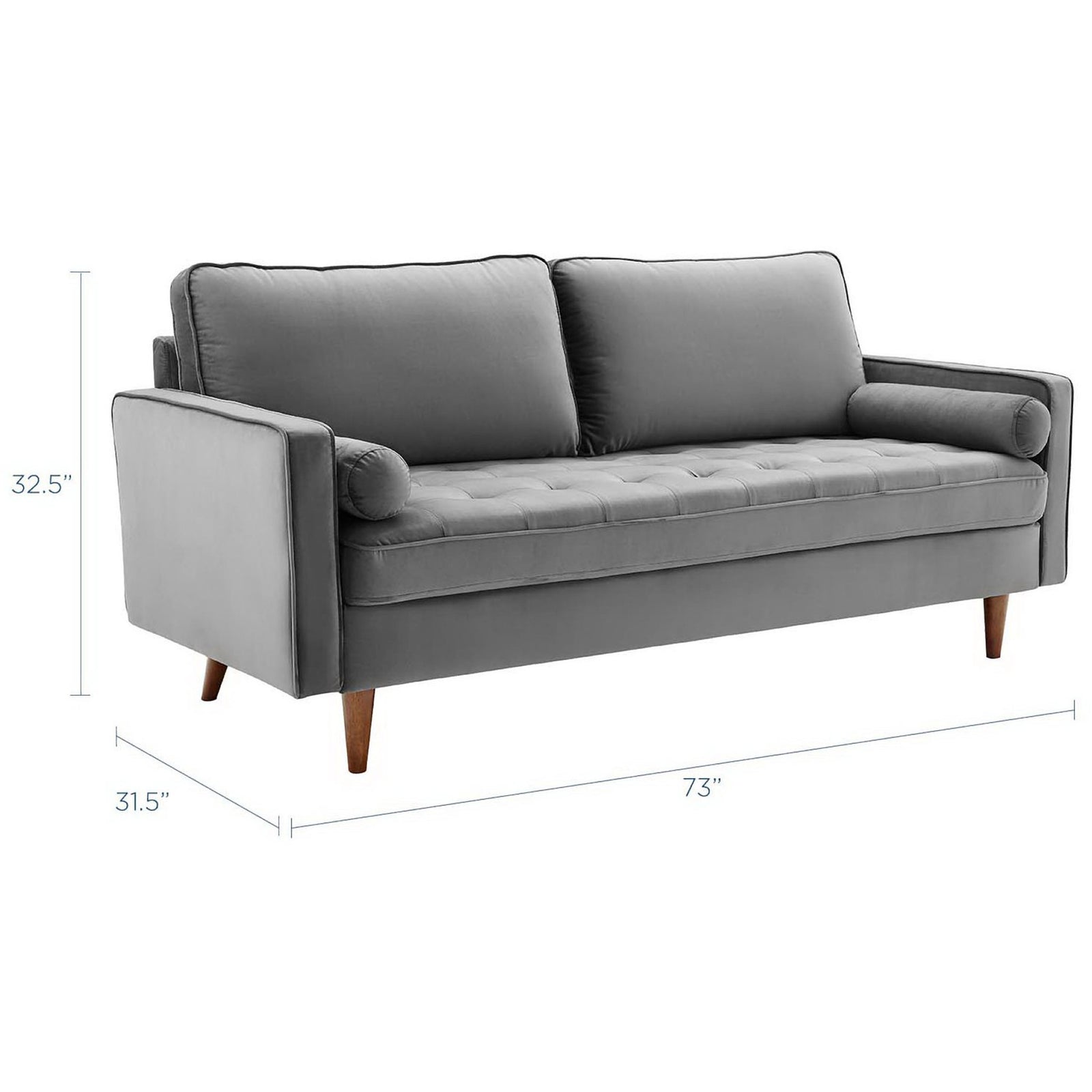 Sofa dimensions showing compact 73 inch wide gray velvet frame ideal for modern living rooms || EEI-3764-GRY || dimension_studio