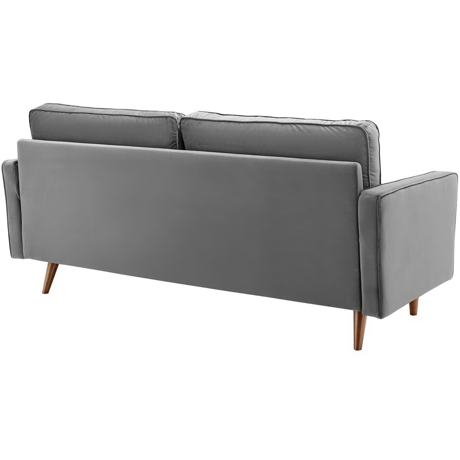 Streamlined gray sofa back with clean lines and tapered wood legs for a modern minimalist profile || EEI-3764-GRY || back_studio