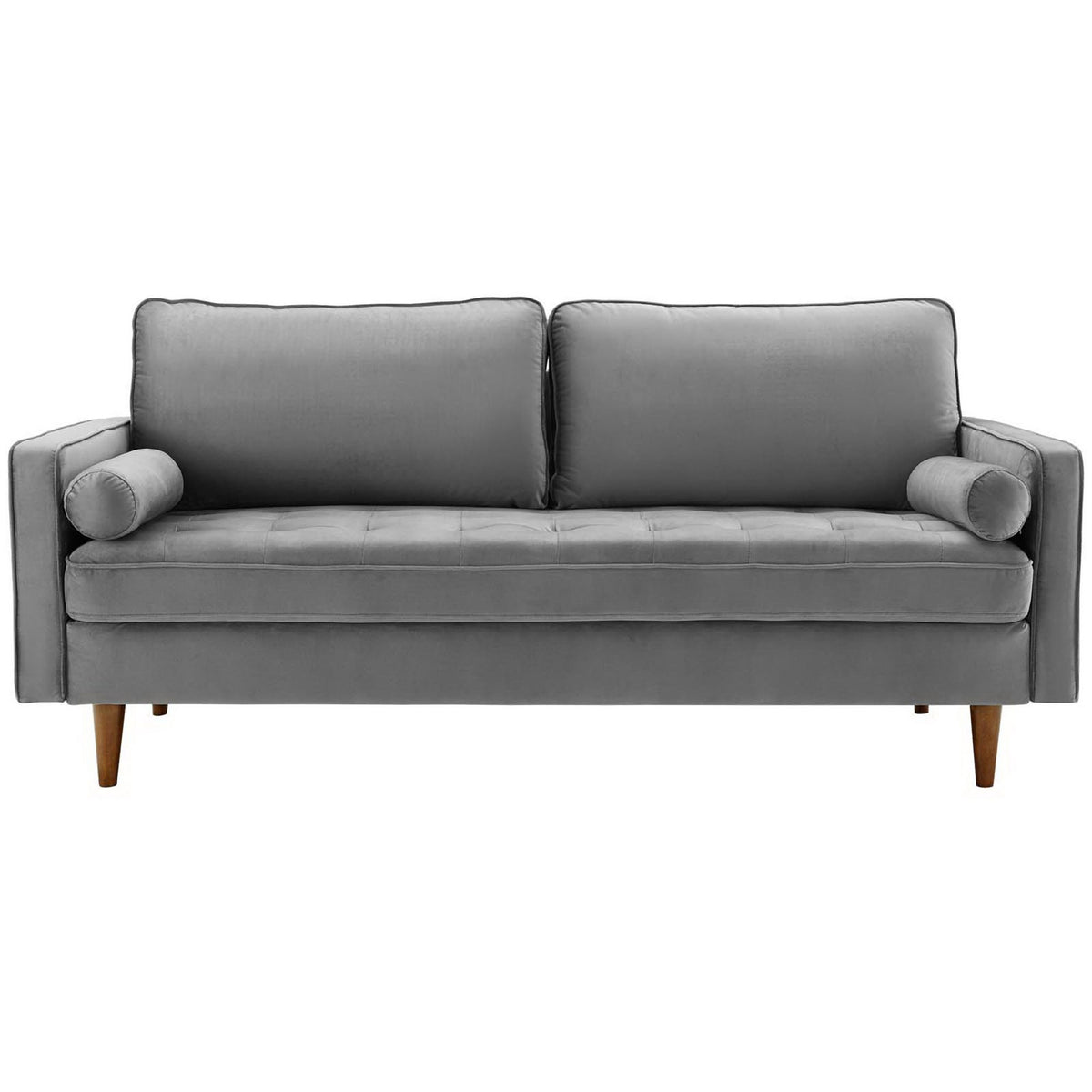 Gray velvet sofa with plush back cushions and matching bolster pillows for cozy, structured seating || EEI-3764-GRY || front_studio