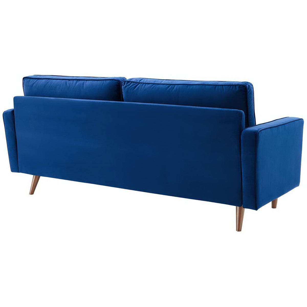 Back view of navy velvet sofa with smooth upholstery and angled wooden legs || EEI-3764-NAV || back_studio