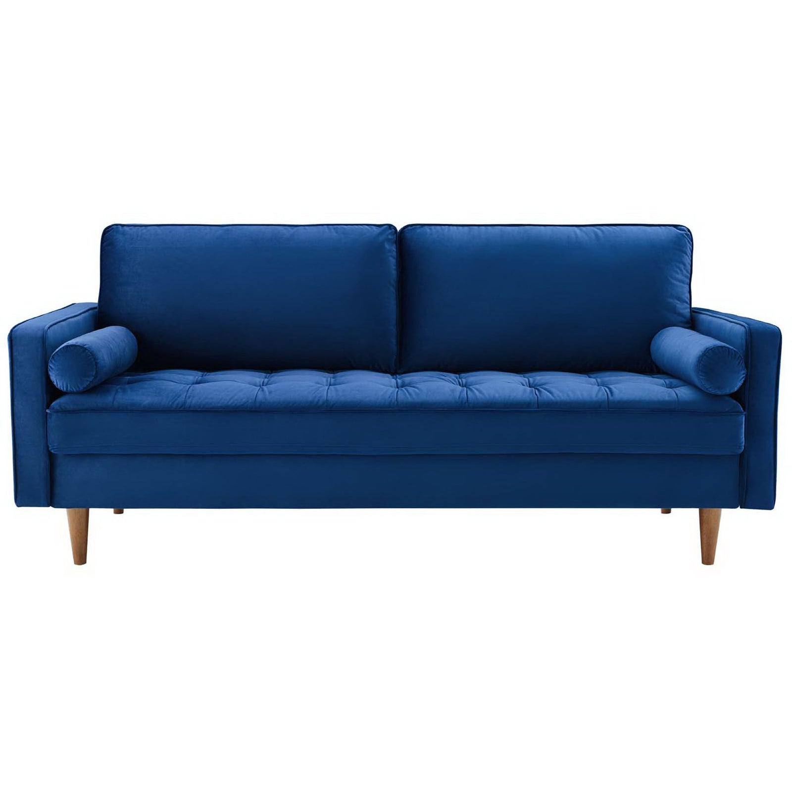 Front view of navy velvet sofa with plush back cushions and matching bolster pillows || EEI-3764-NAV || front_studio