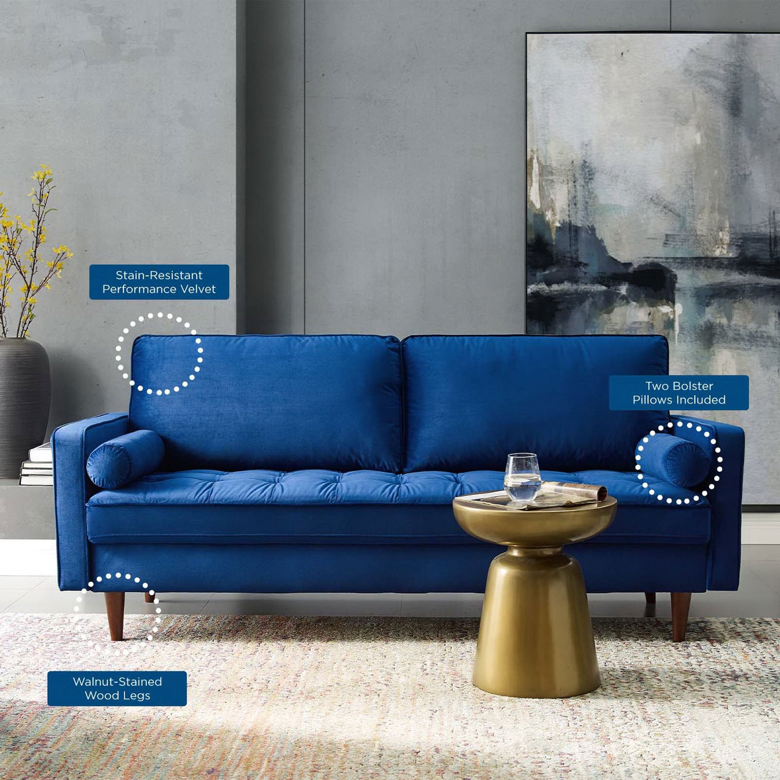 Navy velvet sofa in a styled living room with callouts for fabric, pillows, and wood legs || EEI-3764-NAV || callout_room