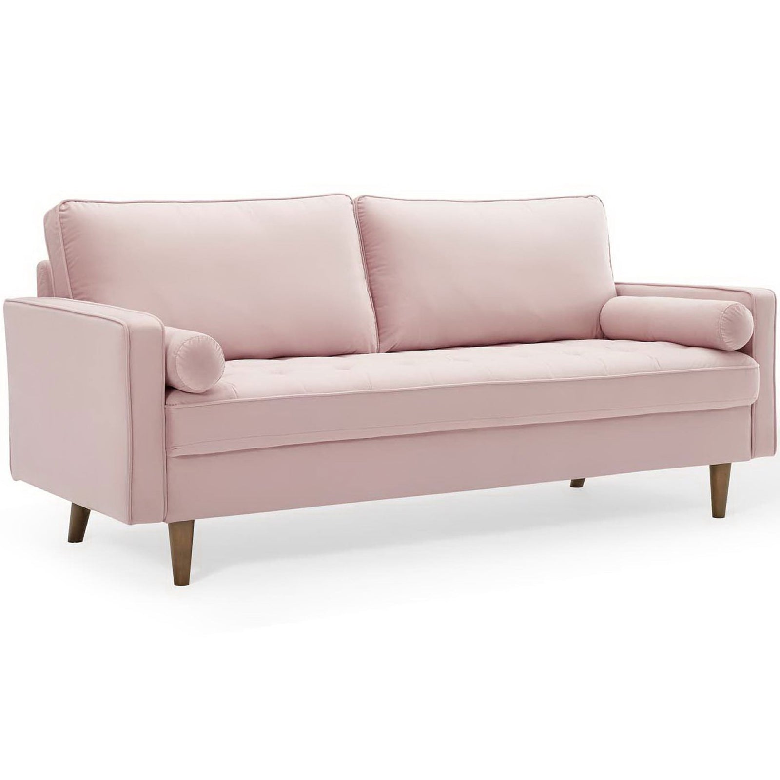 Blush pink velvet Valour sofa with tufted seat, bolster pillows, and tapered walnut legs for modern comfort || EEI-3764-PNK || front_angle_studio