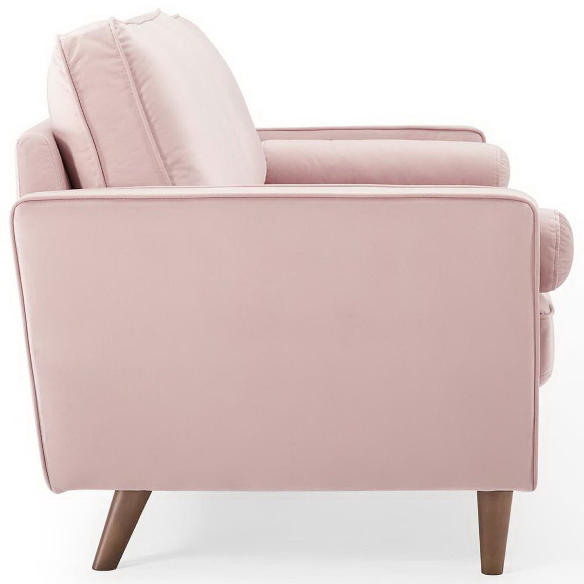 Streamlined Valour pink velvet sofa featuring slim track arms and plush layered back cushions || EEI-3764-PNK || side_studio
