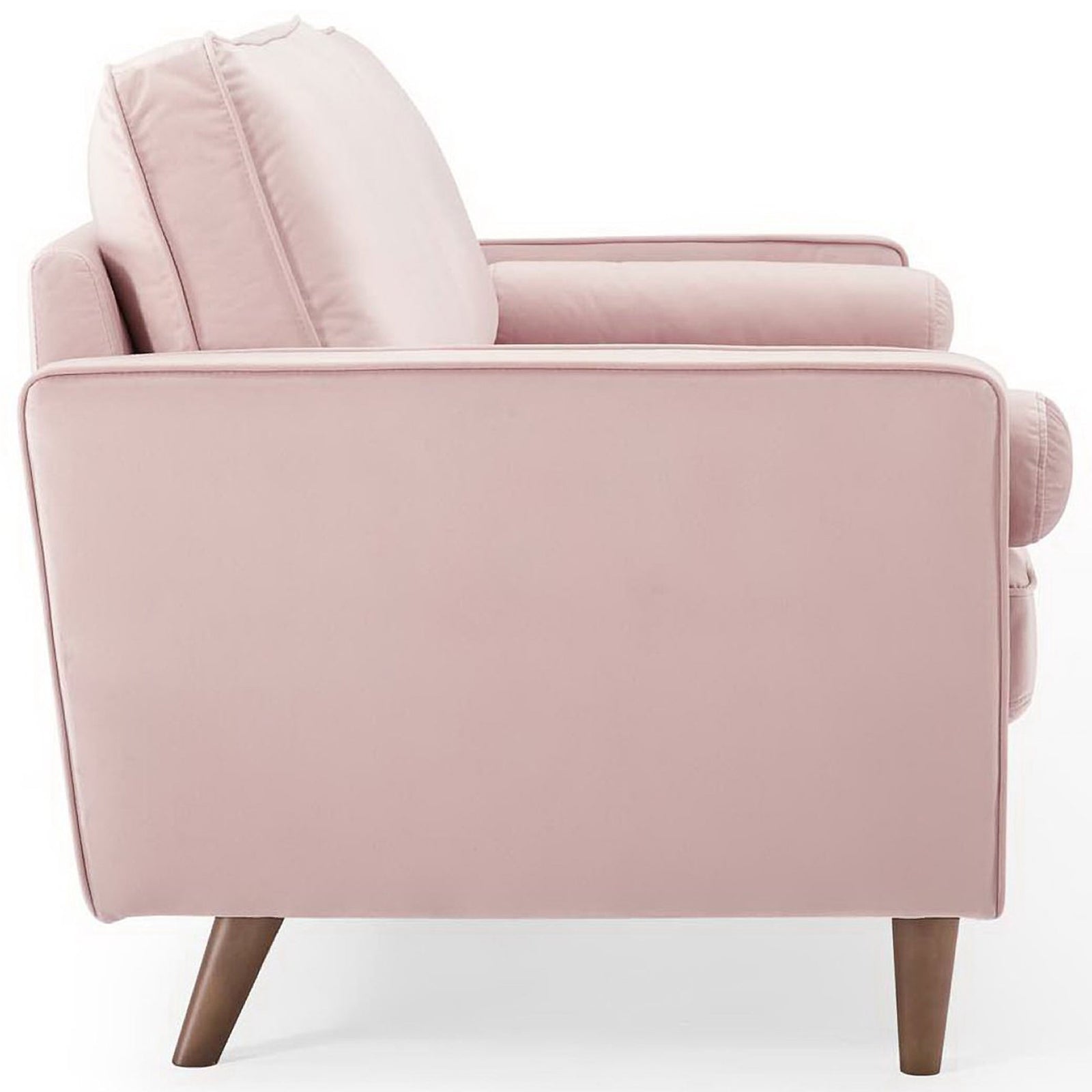 Streamlined Valour pink velvet sofa featuring slim track arms and plush layered back cushions || EEI-3764-PNK || side_studio