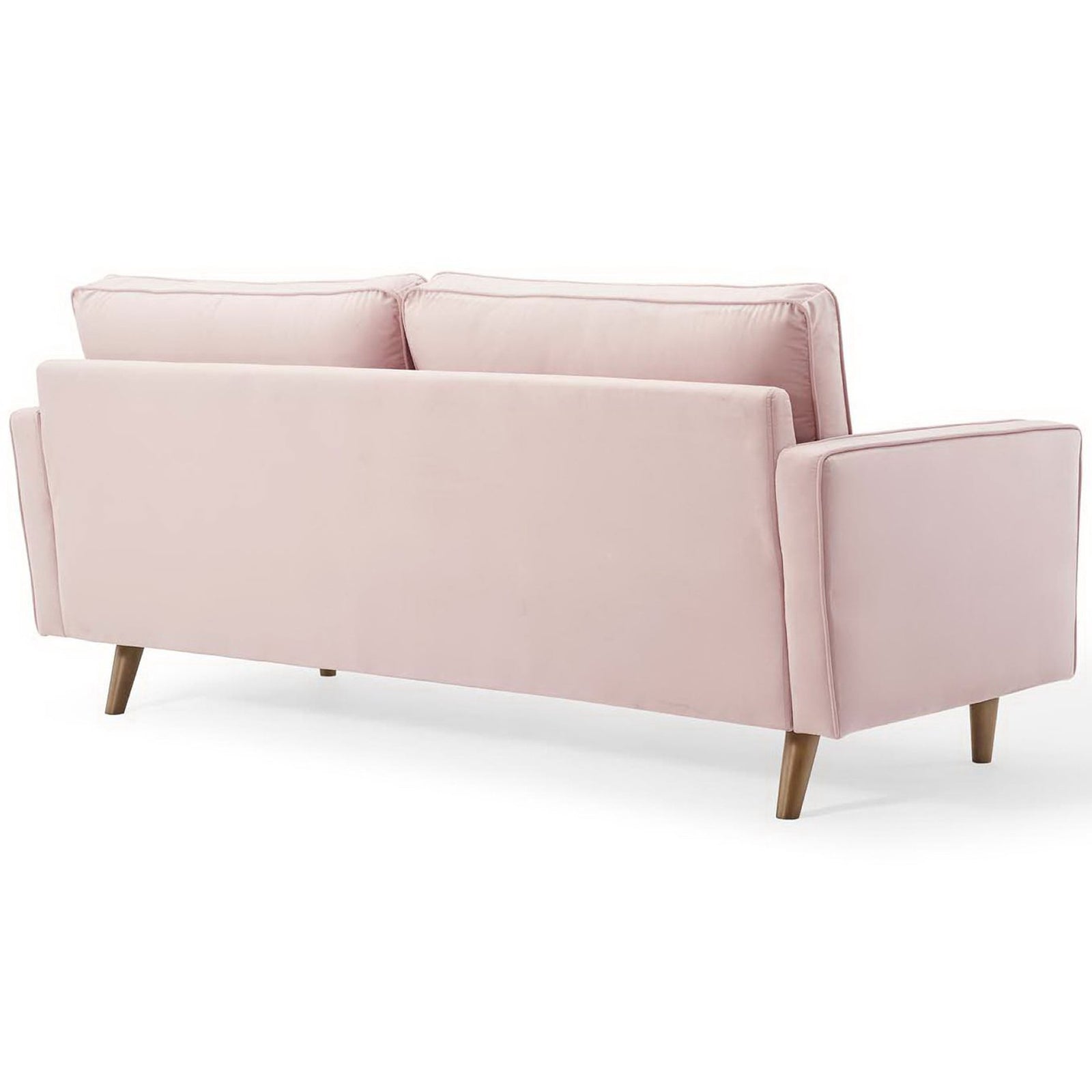 Tailored back of the blush pink Valour sofa with smooth upholstery and tapered walnut-finish legs || EEI-3764-PNK || back_angle_studio