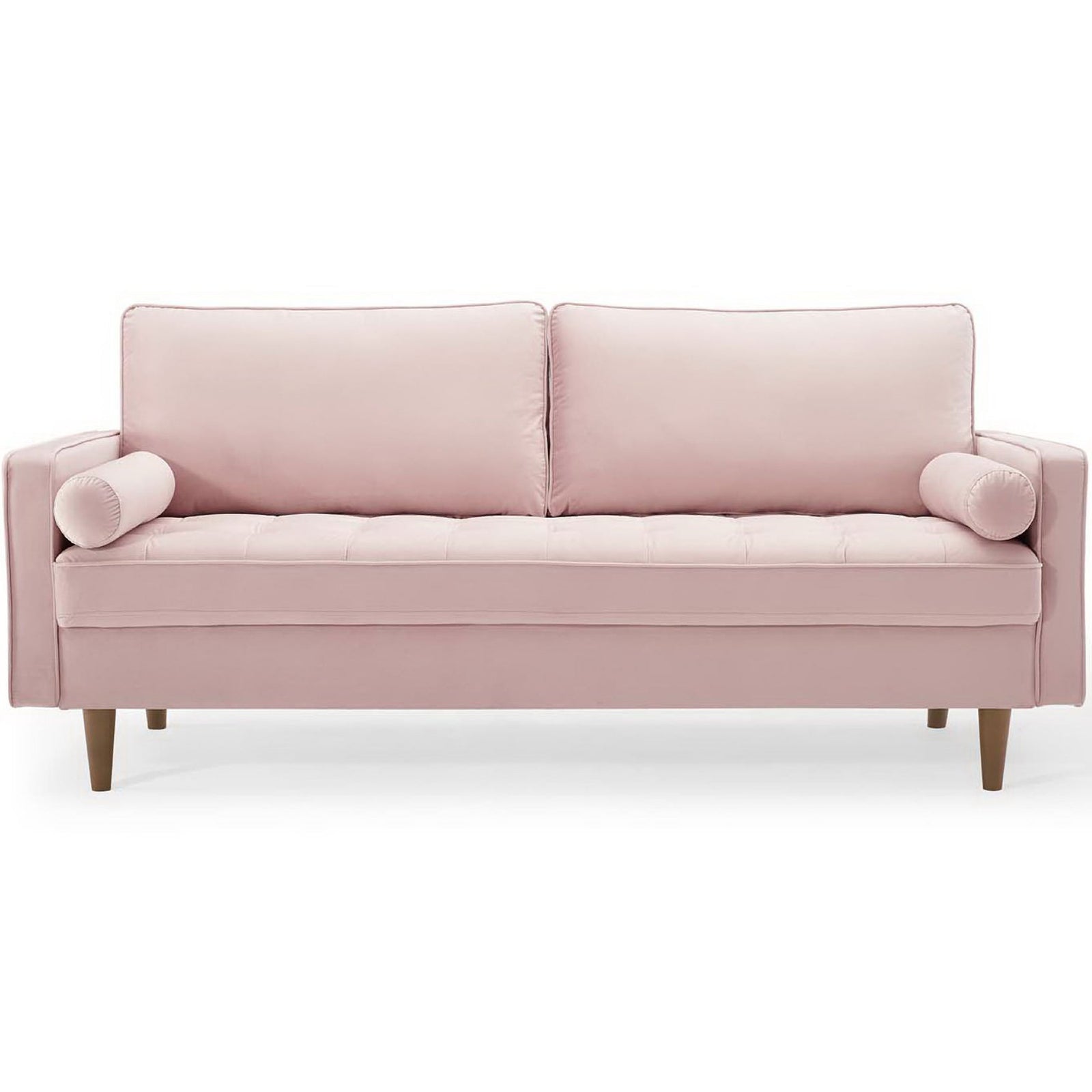 Valour pink performance velvet sofa with generous seating, button-tufted bench cushion, and two matching bolster pillows || EEI-3764-PNK || front_studio