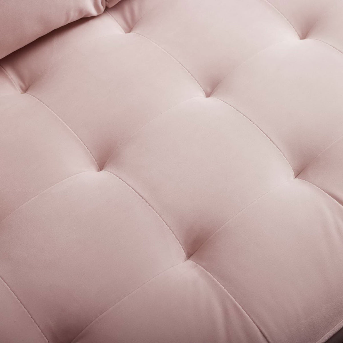 Blush pink performance velvet upholstery with soft biscuit tufting on the Valour sofa seat || EEI-3764-PNK || swatch_studio