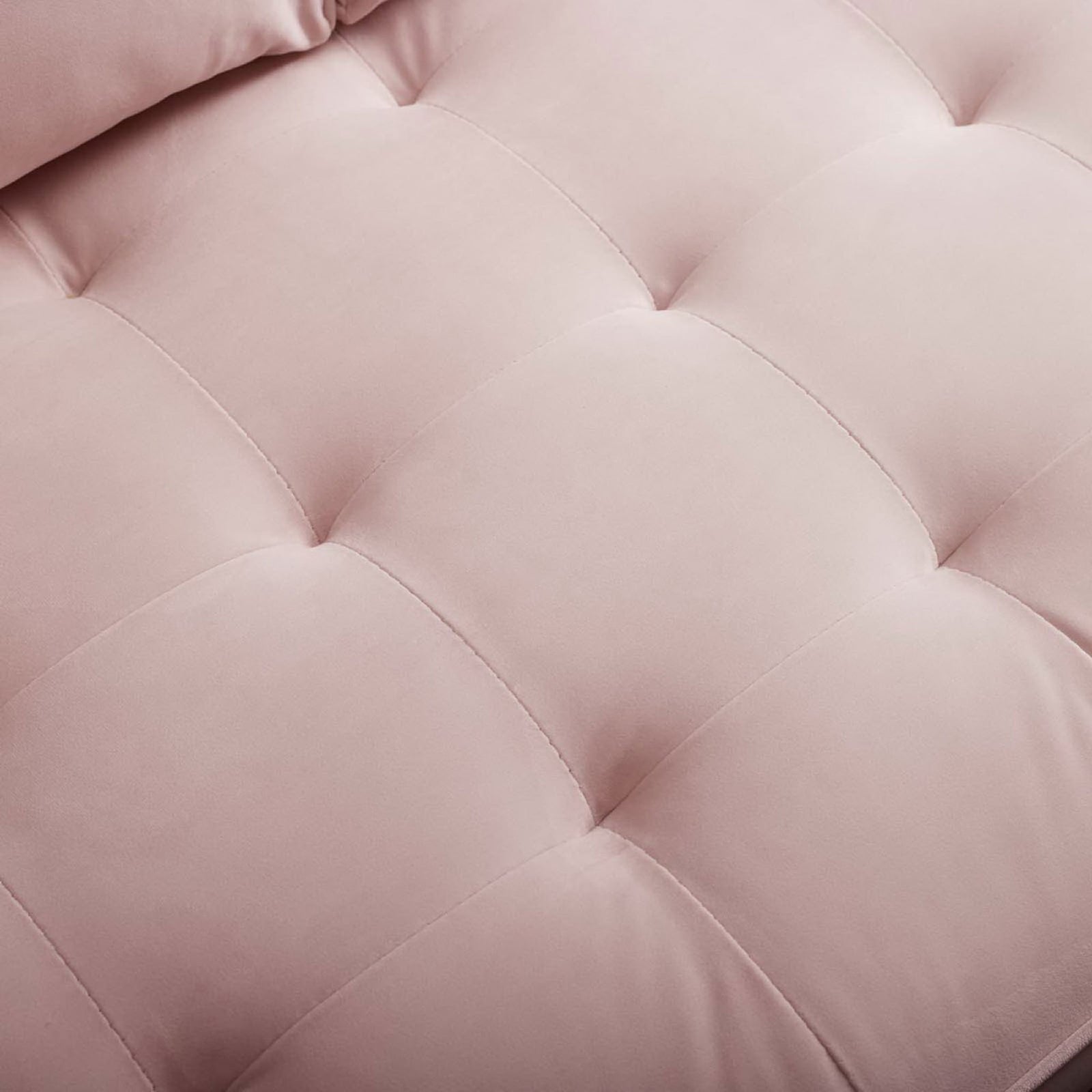 Blush pink performance velvet upholstery with soft biscuit tufting on the Valour sofa seat || EEI-3764-PNK || swatch_studio