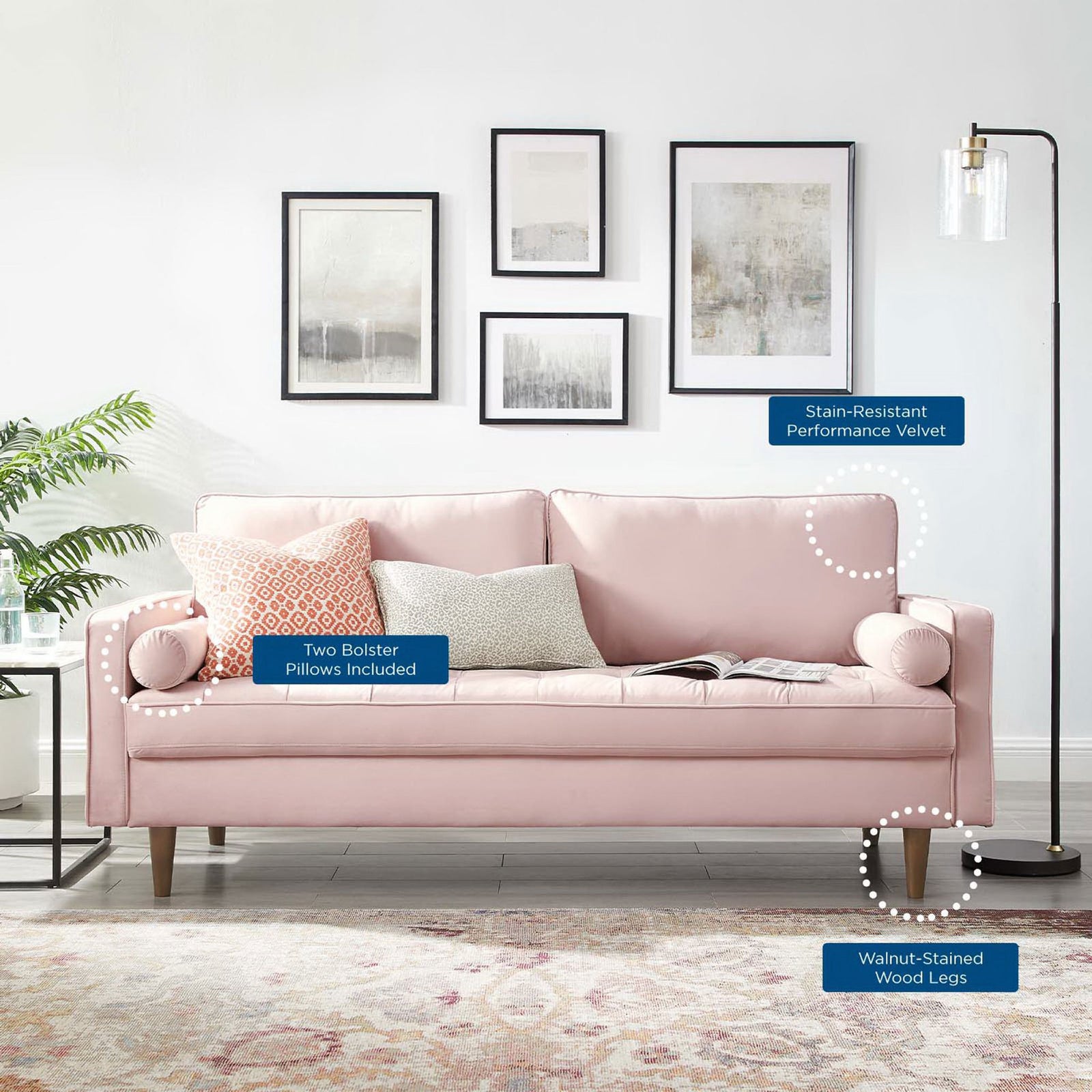 Valour pink performance velvet sofa in a living room setting with callouts highlighting fabric, bolsters, and wood legs || EEI-3764-PNK || callout_room