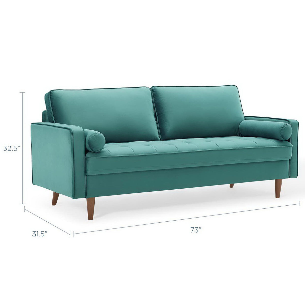 Teal Valour velvet sofa with overall width, depth, and height measurements labeled for easy planning || EEI-3764-TEA || dimension_studio