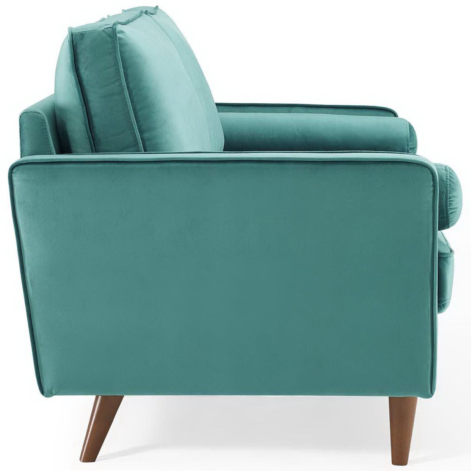 Valour teal sofa highlighting plush back cushions, tailored arms, and angled wooden legs || EEI-3764-TEA || side_studio