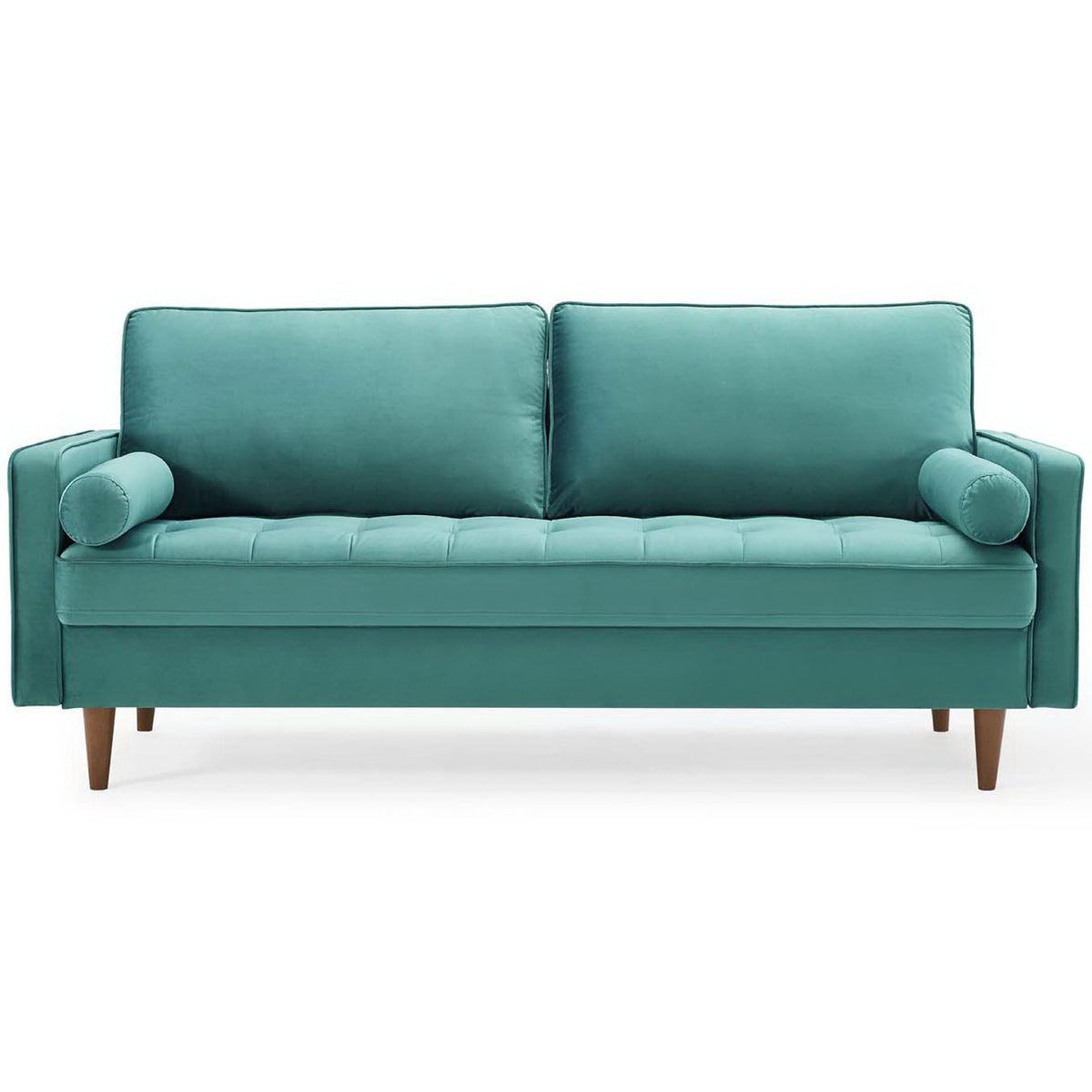 Teal velvet Valour sofa with tufted bench seat, bolster pillows, and tapered walnut legs || EEI-3764-TEA || front_studio