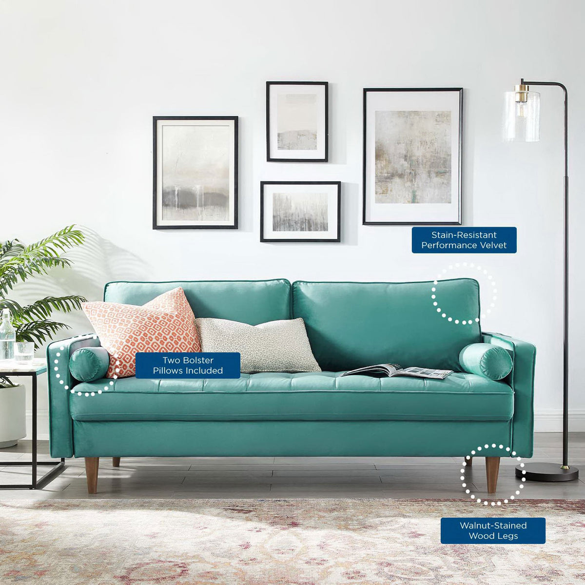 Teal Valour sofa in a styled living room with callouts for velvet fabric, bolster pillows, and wood legs || EEI-3764-TEA || callout_room