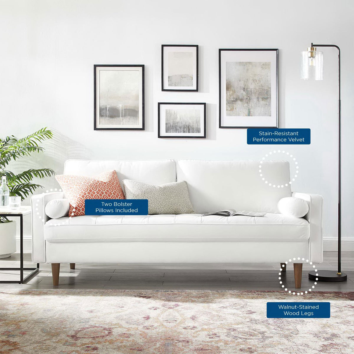 Lifestyle scene highlights the sofa's stain-resistant velvet, bolster pillows, and wood legs || EEI-3764-WHI || callout_room