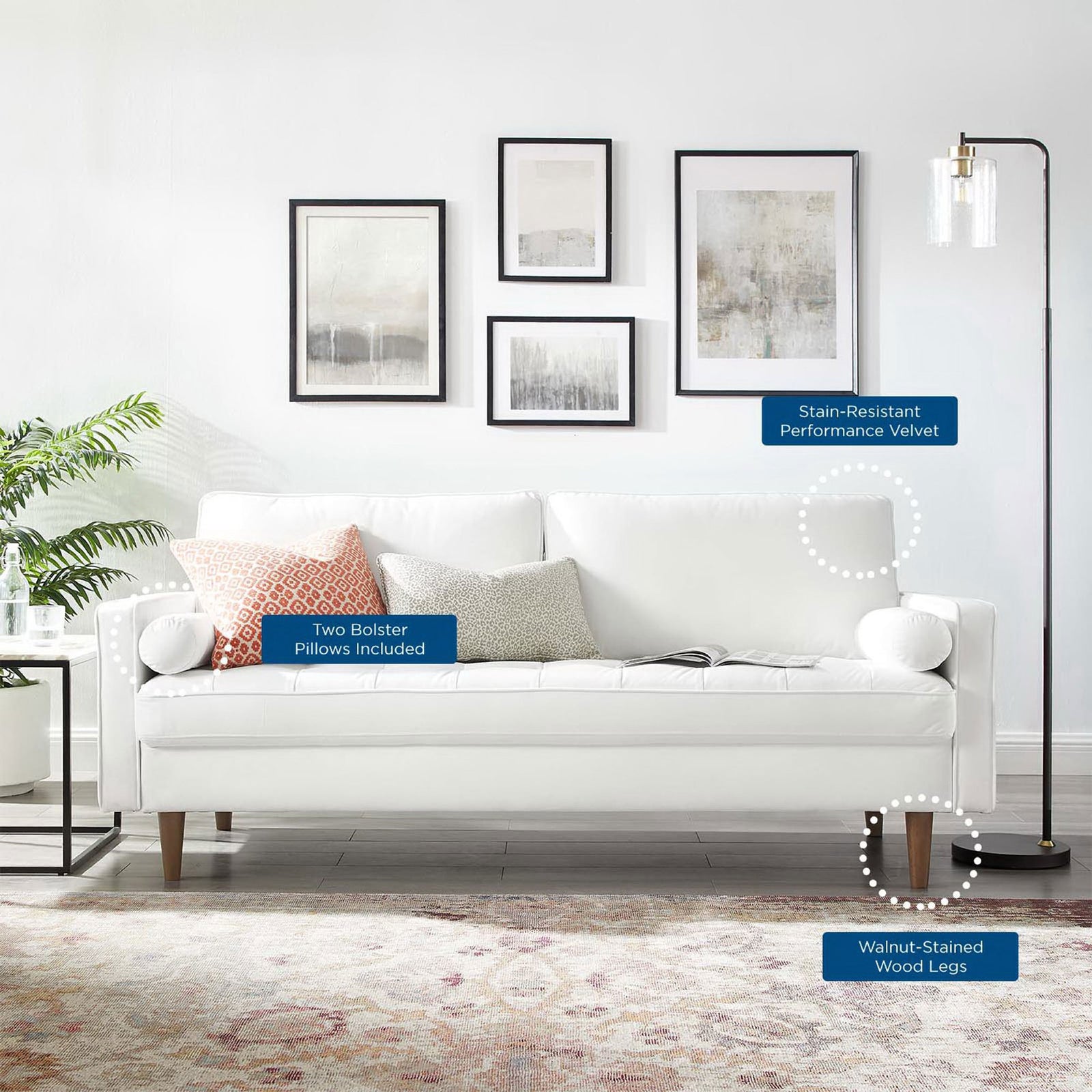 Lifestyle scene highlights the sofa's stain-resistant velvet, bolster pillows, and wood legs || EEI-3764-WHI || callout_room