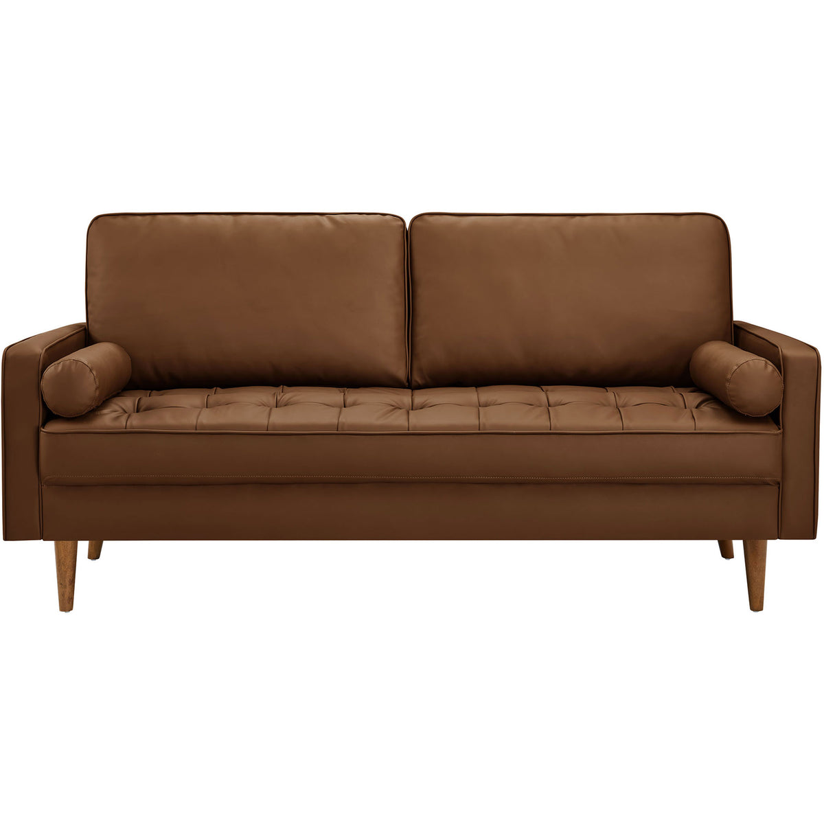 Valour brown vegan leather sofa with biscuit tufted bench seat and two matching bolster pillows || EEI-3765-BRN || front_studio