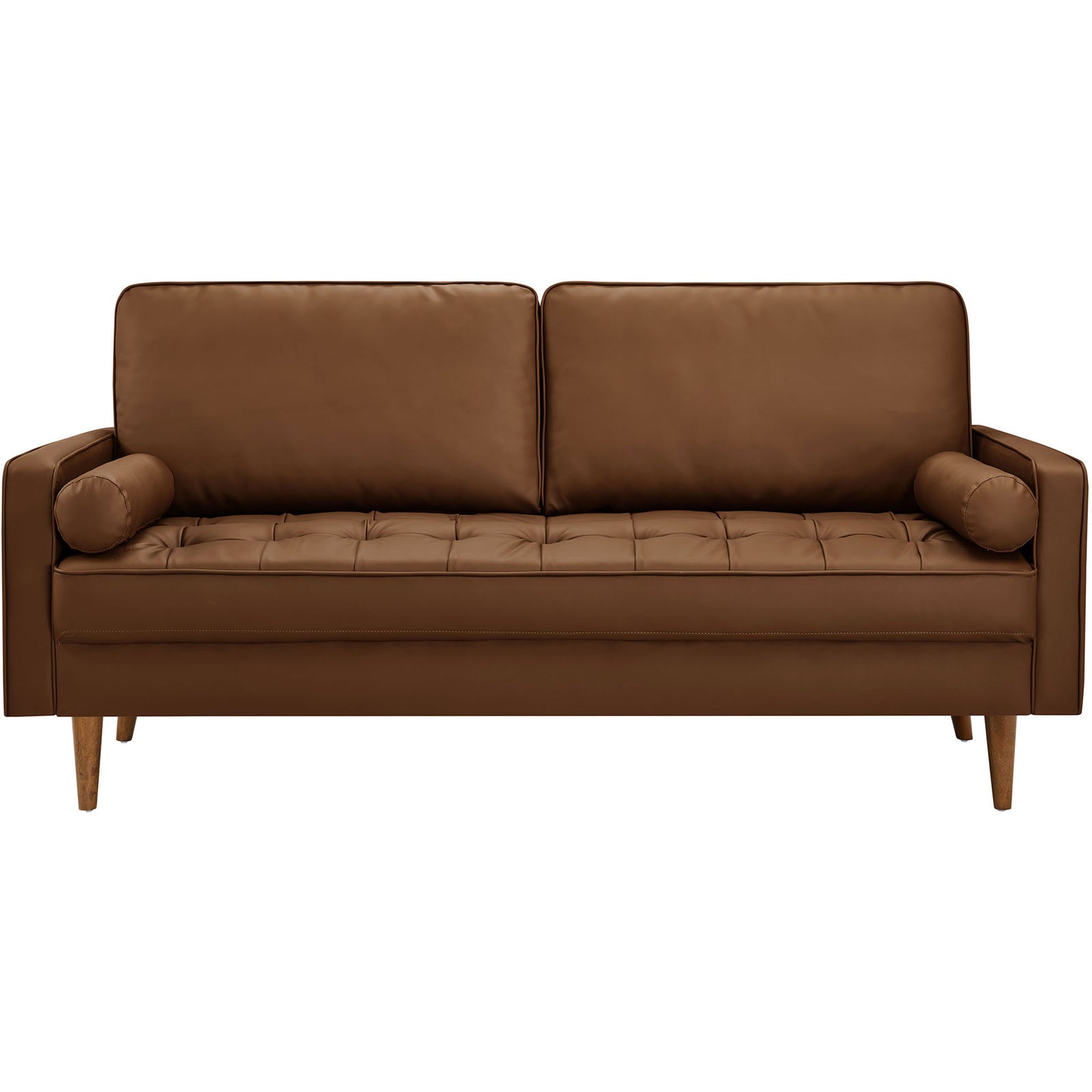 Valour brown vegan leather sofa with biscuit tufted bench seat and two matching bolster pillows || EEI-3765-BRN || front_studio