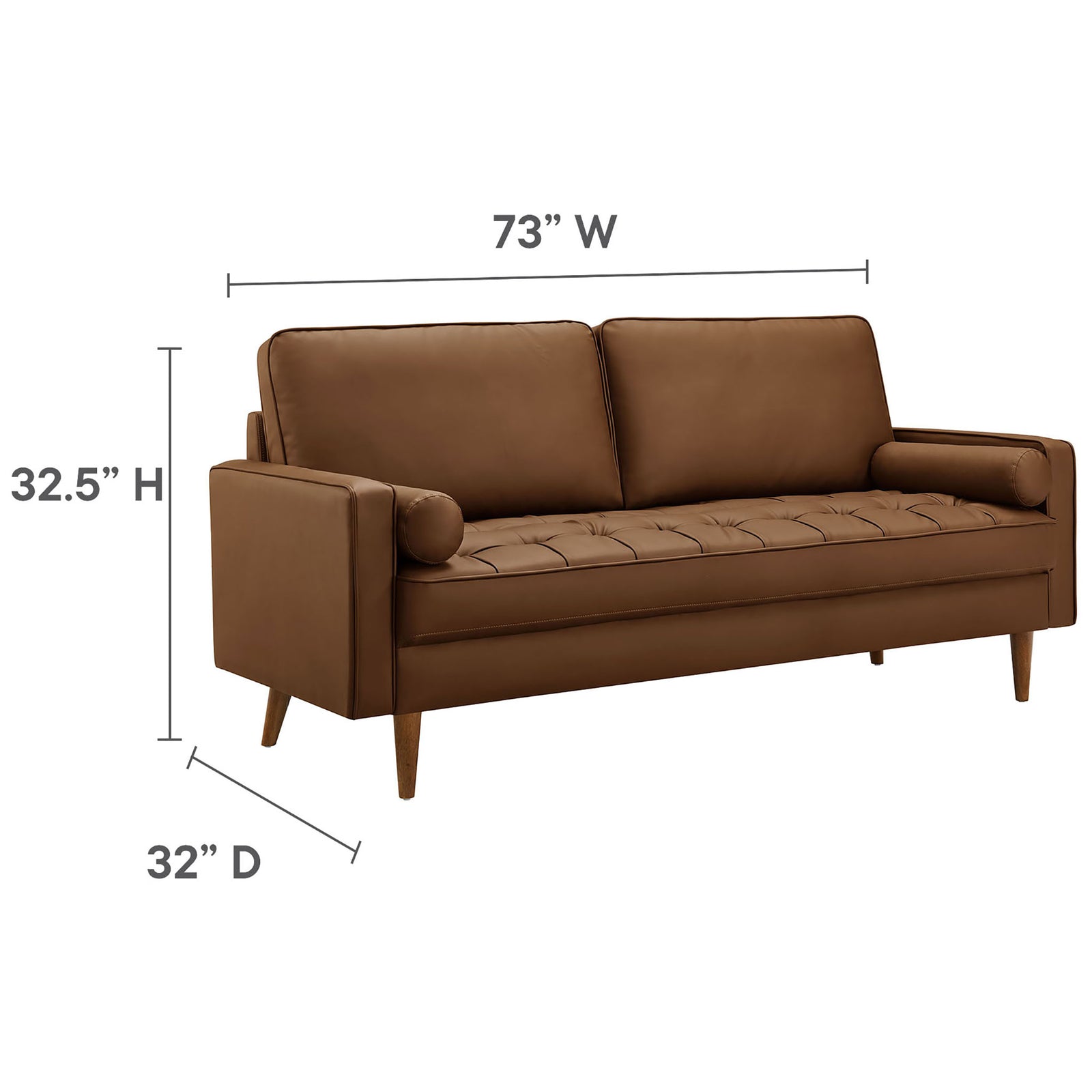Dimension diagram of the Valour brown vegan leather sofa showing overall width, depth, and height || EEI-3765-BRN || dimension_studio