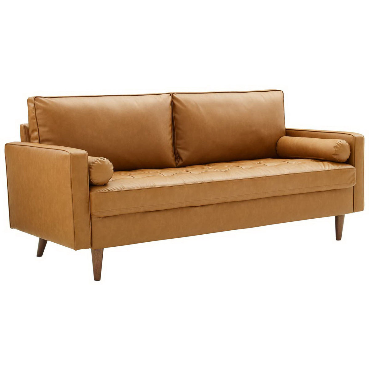 Tan vegan leather sofa showing slim track arms, tufted bench seat, and mid-century silhouette || EEI-3765-TAN || front_angle_studio