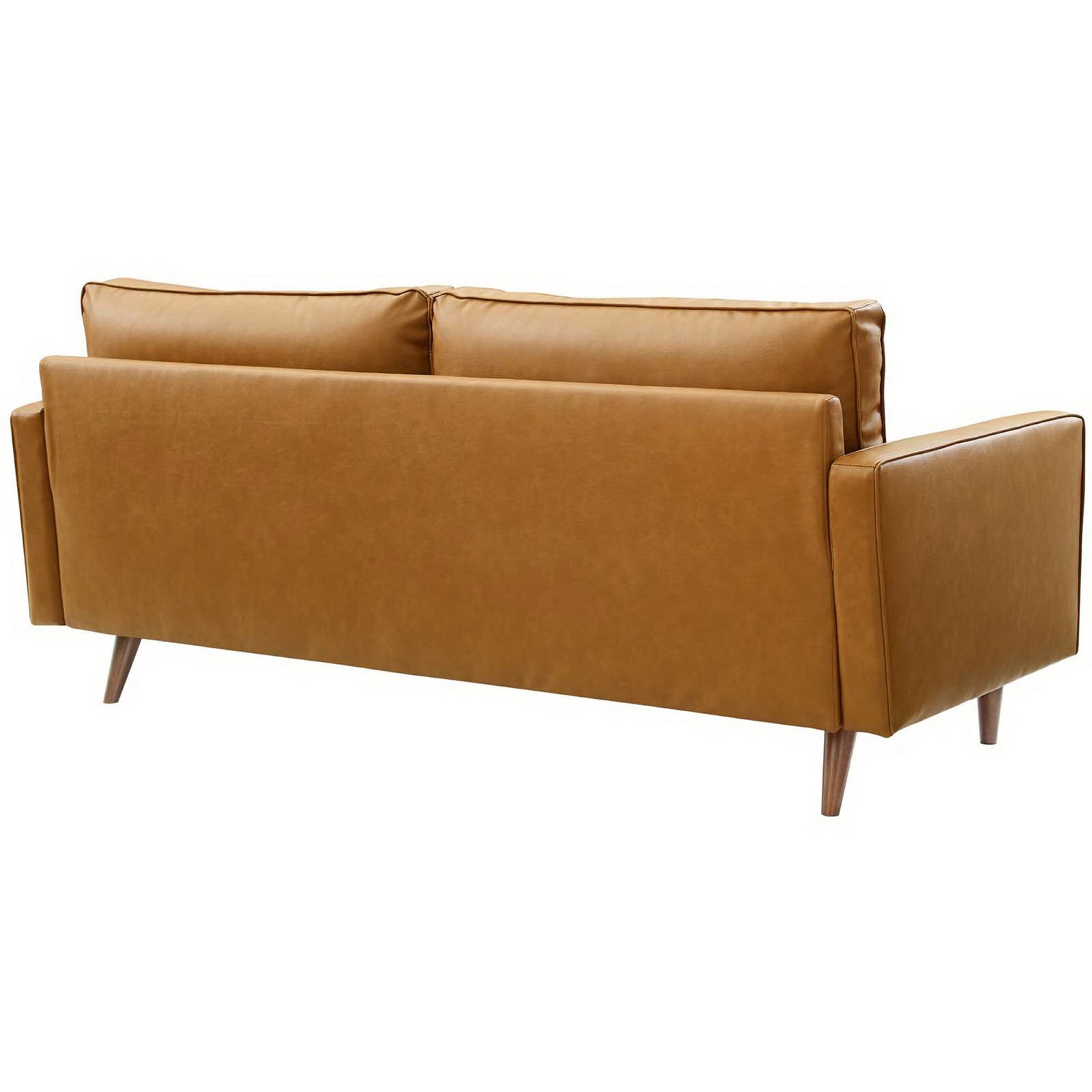 Rear view of tan vegan leather sofa with clean-lined backrest and tapered wood legs || EEI-3765-TAN || back_angle_studio