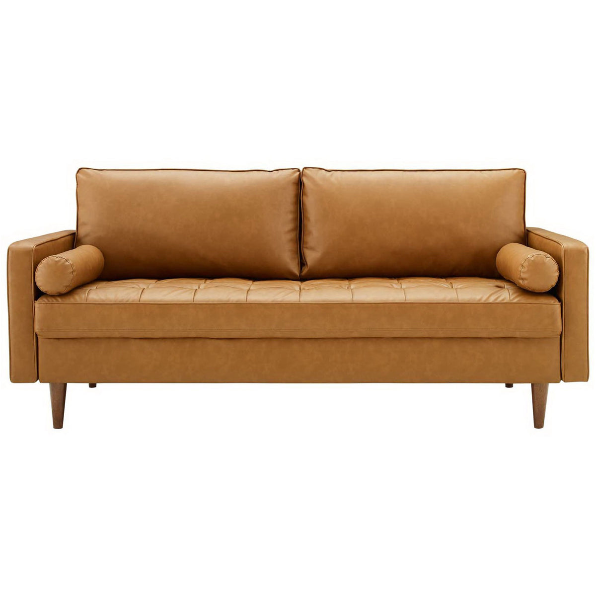 Tan vegan leather sofa with biscuit tufted seat, bolster pillows, and tapered wood legs || EEI-3765-TAN || front_studio