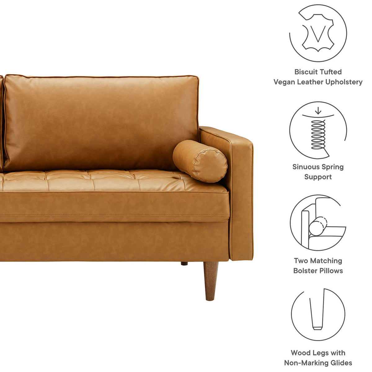 Tan vegan leather sofa highlighting tufted seat, spring support, bolster pillows, and wood legs with glides || EEI-3765-TAN || callout_studio