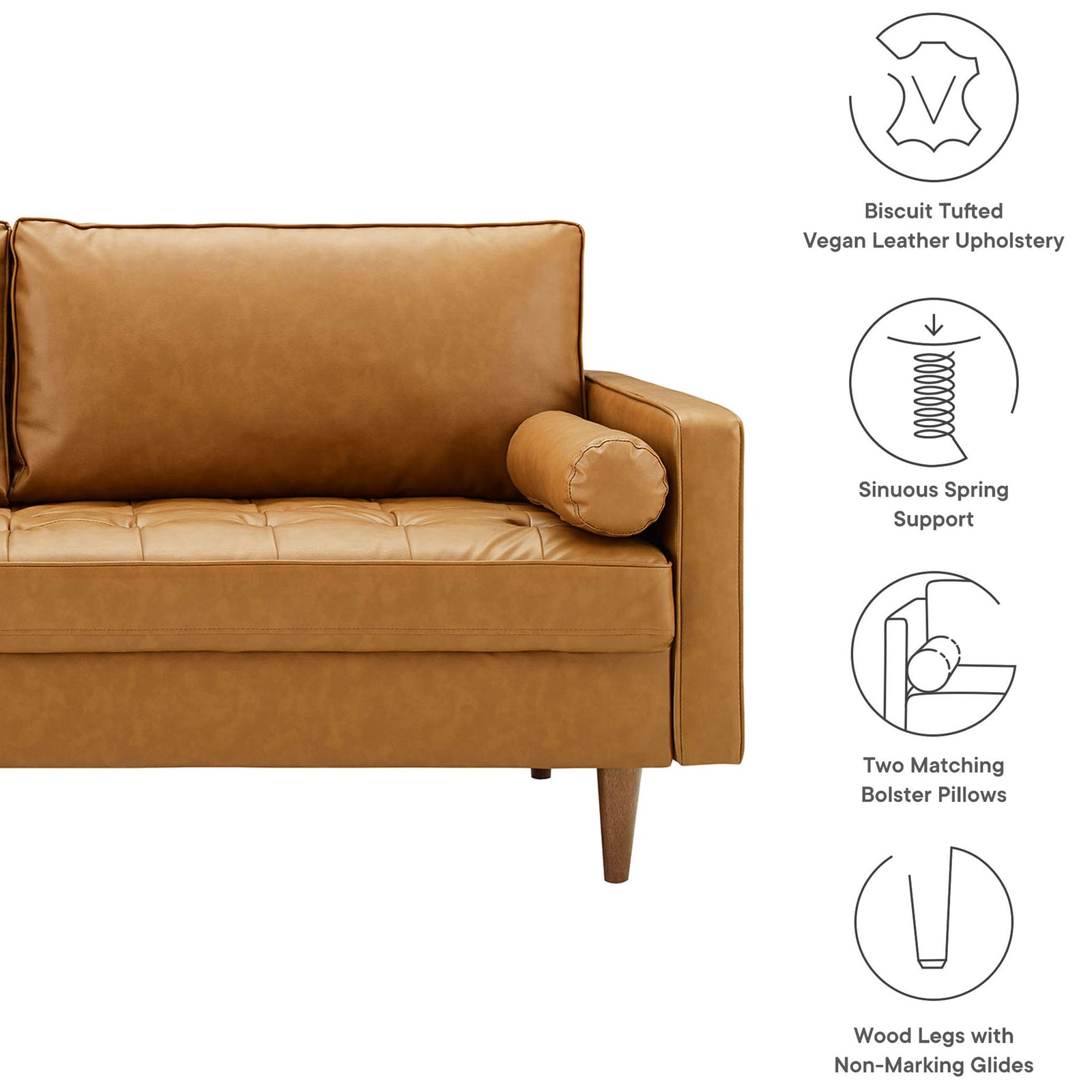 Tan vegan leather sofa highlighting tufted seat, spring support, bolster pillows, and wood legs with glides || EEI-3765-TAN || callout_studio