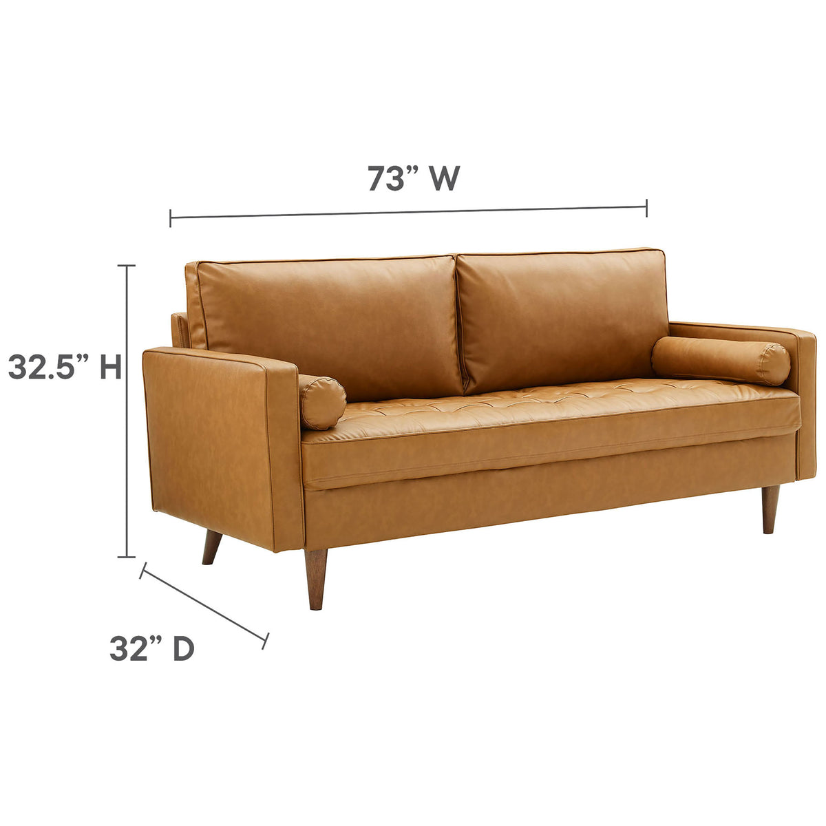 Tan vegan leather sofa showing compact footprint with measurements called out on all sides || EEI-3765-TAN || dimension_studio