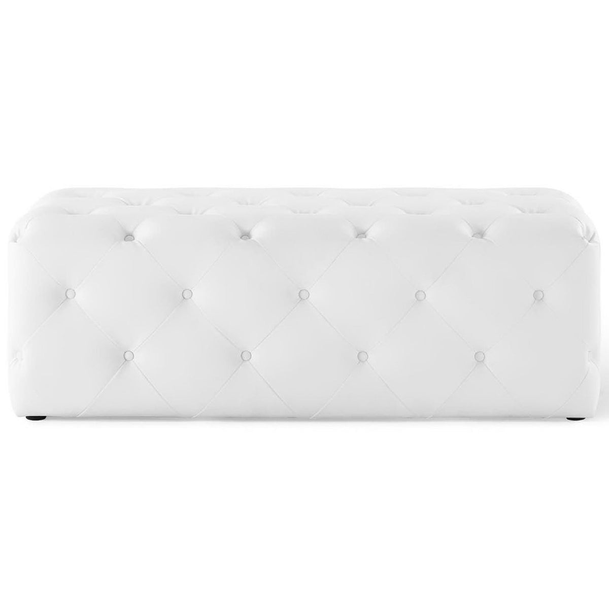 White faux leather bench with all-around diamond button tufting and a clean, modern silhouette || EEI-3767-WHI || front_studio