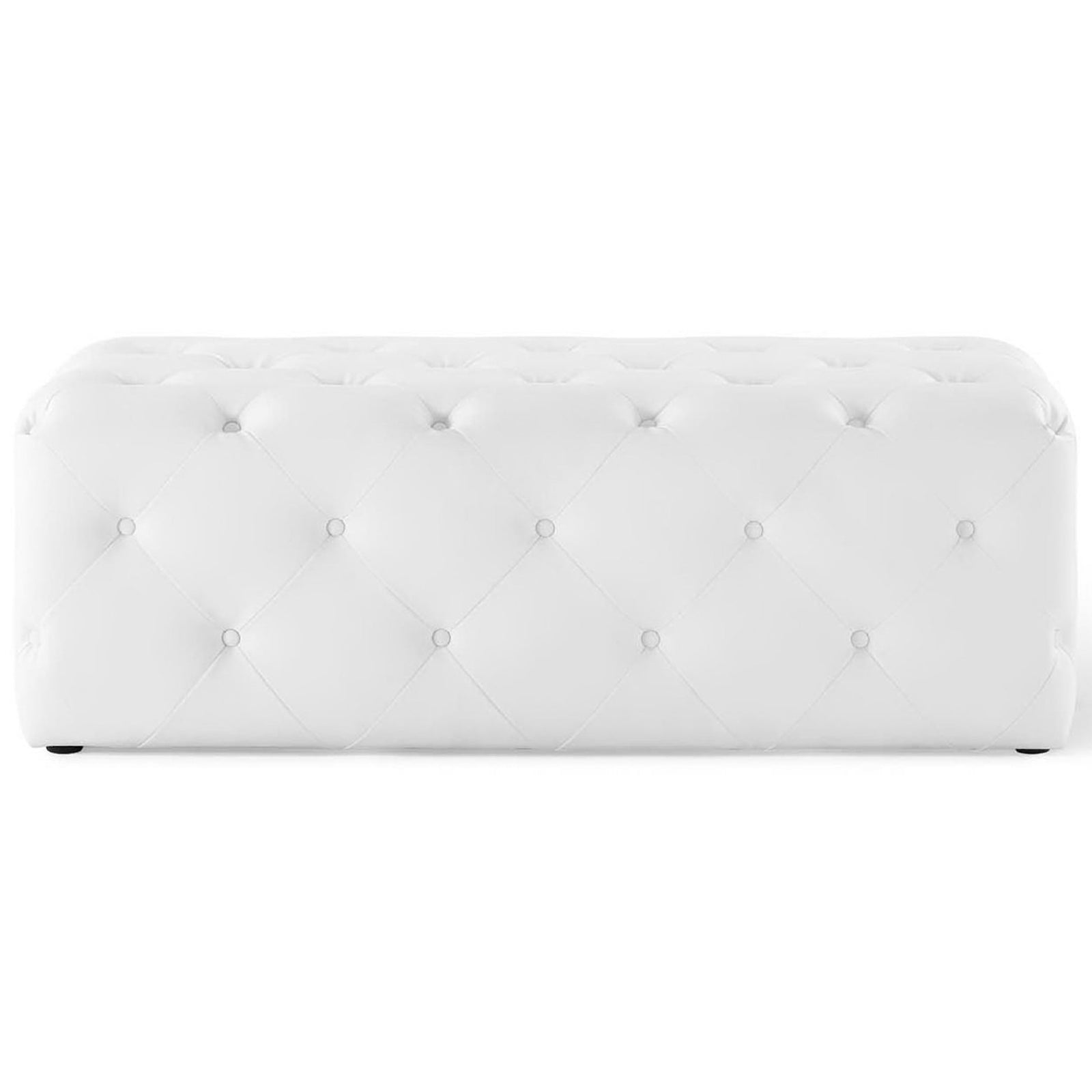 White faux leather bench with all-around diamond button tufting and a clean, modern silhouette || EEI-3767-WHI || front_studio