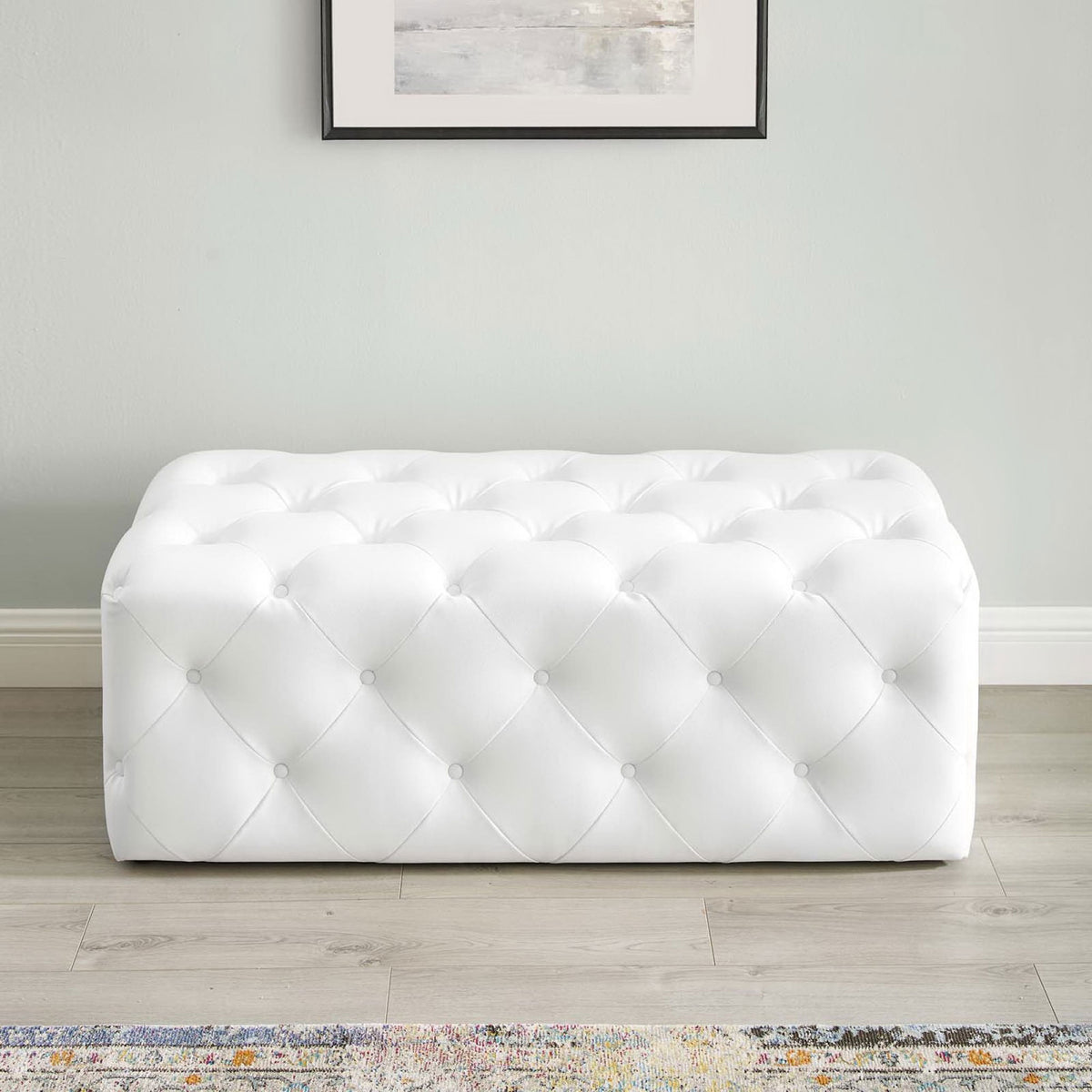 Modern white bench offers generous seating and timeless tufted texture || EEI-3767-WHI || front_room