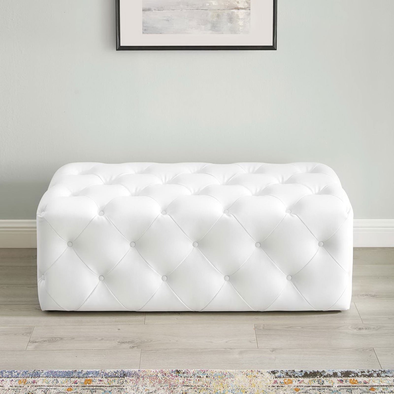 Modern white bench offers generous seating and timeless tufted texture || EEI-3767-WHI || front_room